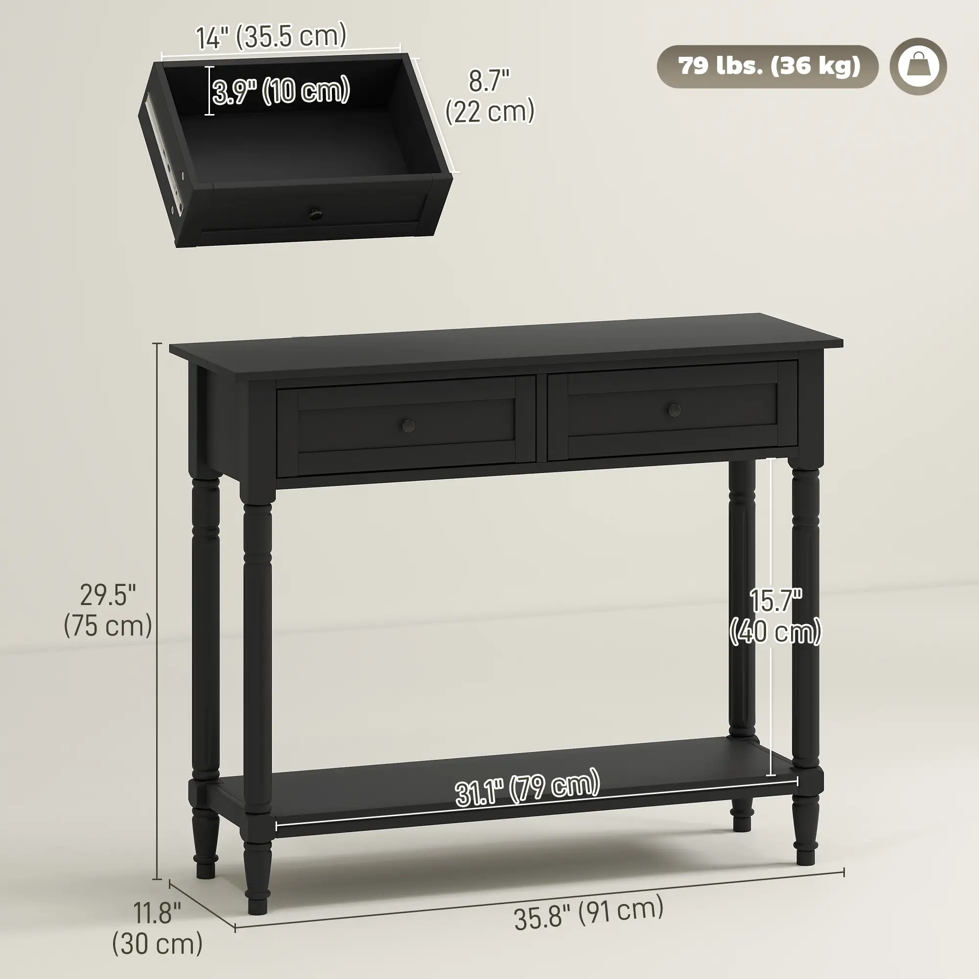Modern Hallway Console Table, 2 Drawers, Storage Shelf, Turned Legs, Black - Image 3