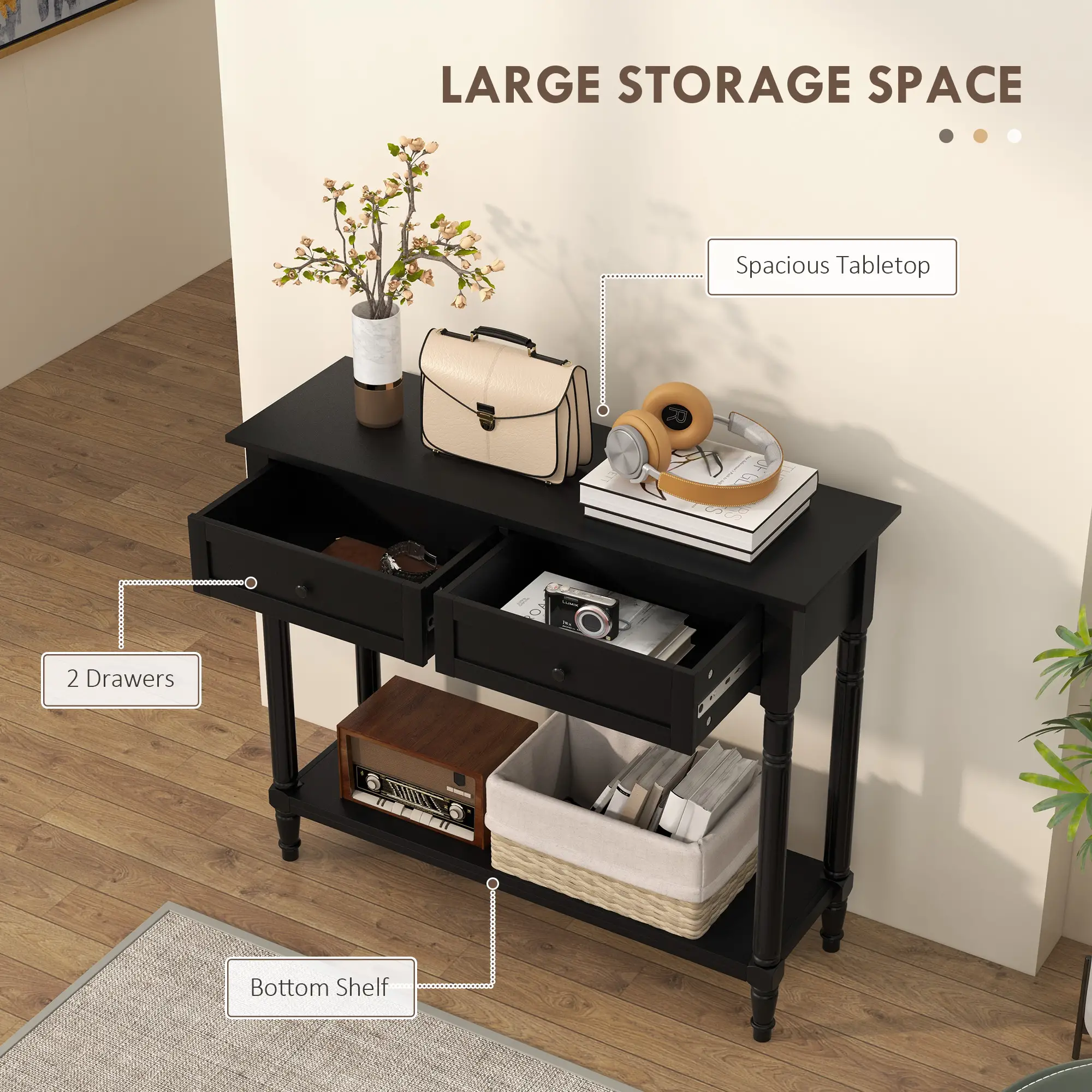 Modern Hallway Console Table, 2 Drawers, Storage Shelf, Turned Legs, Black - Image 5