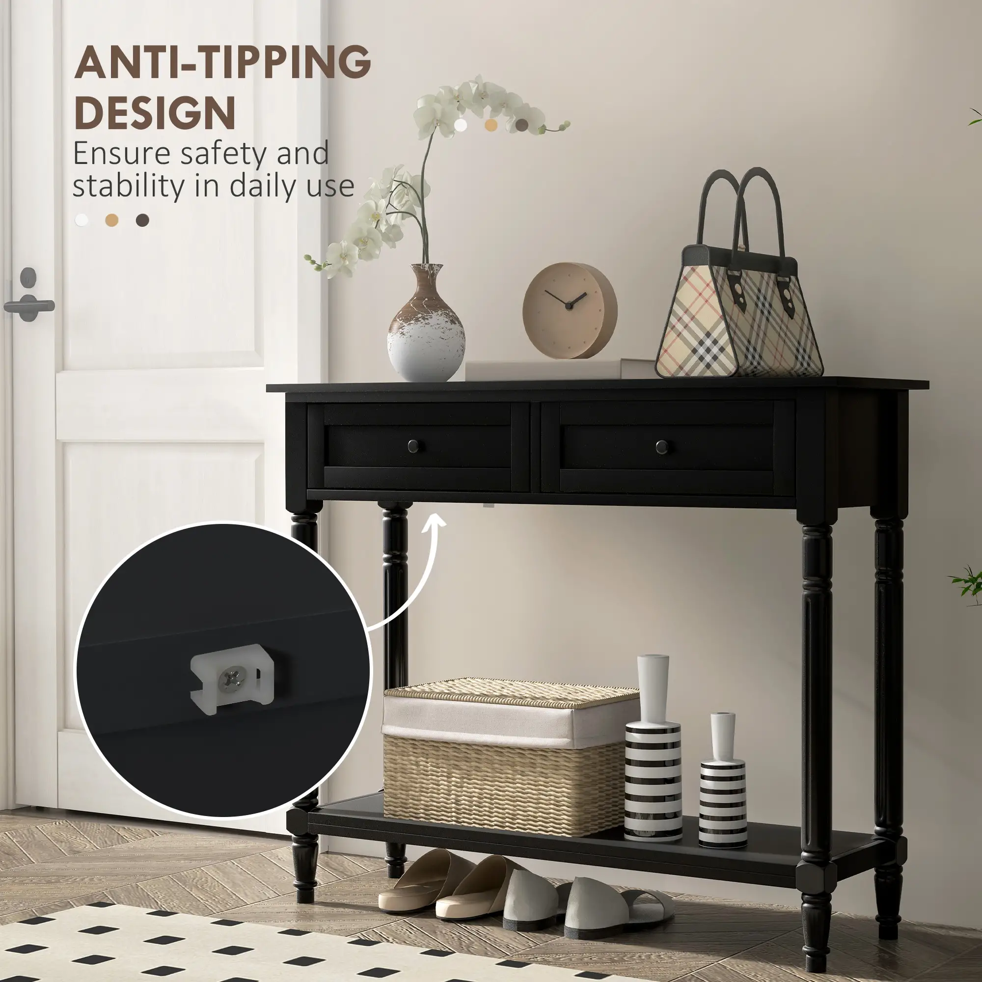 Modern Hallway Console Table, 2 Drawers, Storage Shelf, Turned Legs, Black - Image 6