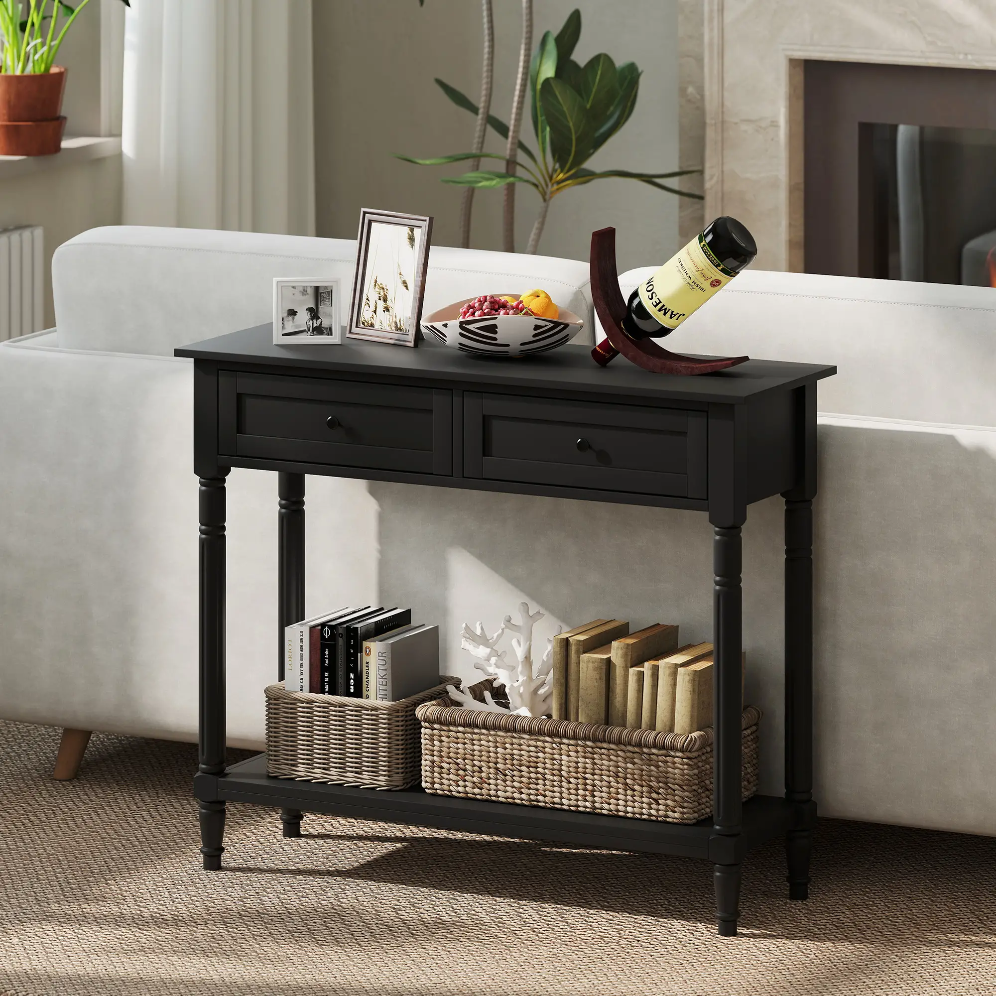 Modern Hallway Console Table, 2 Drawers, Storage Shelf, Turned Legs, Black - Image 7