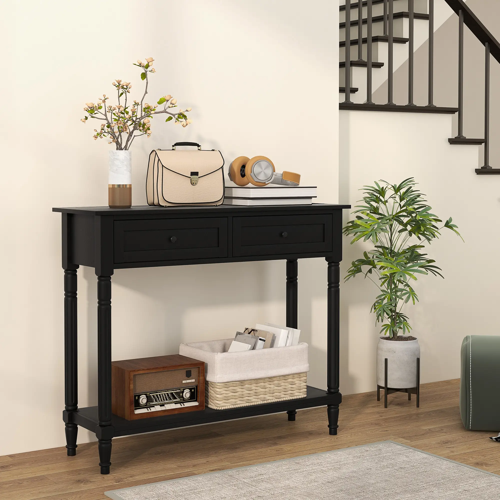 Modern Hallway Console Table, 2 Drawers, Storage Shelf, Turned Legs, Black - Image 8
