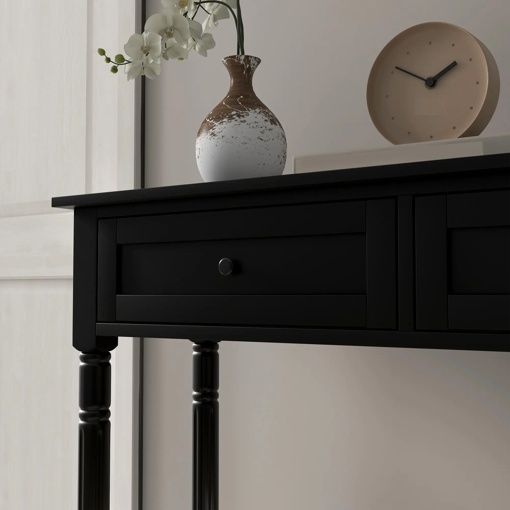 Modern Hallway Console Table, 2 Drawers, Storage Shelf, Turned Legs, Black - Image 9