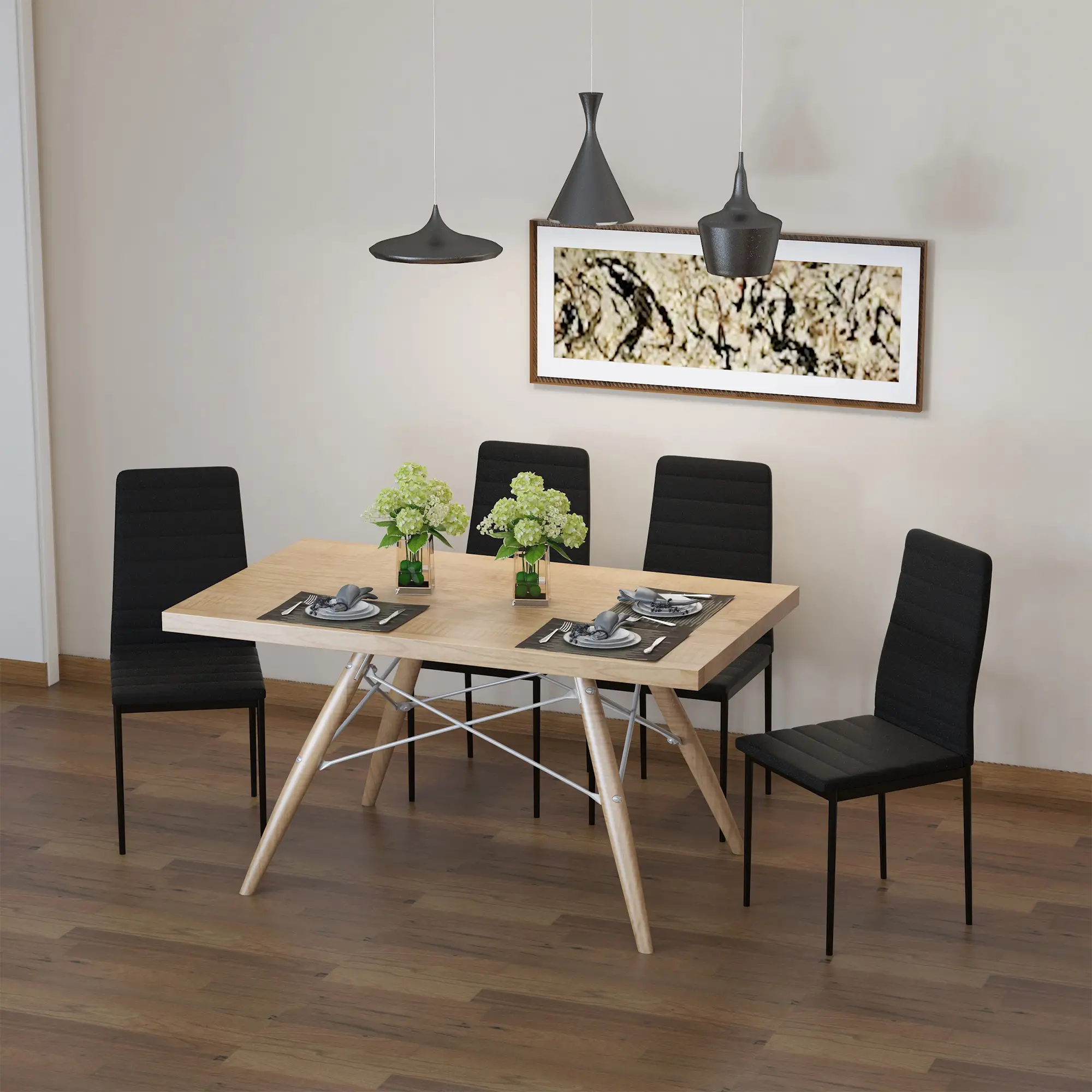 Modern High Back Dining Chairs, PU Leather, Metal Legs, Set of 4, Black - Image 7