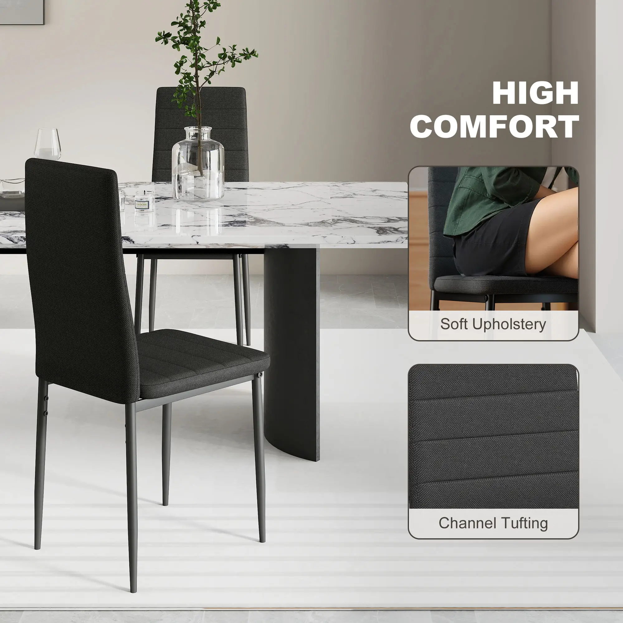 Modern High Back Dining Chairs, PU Leather Upholstered, Set of 6, Black - Image 5