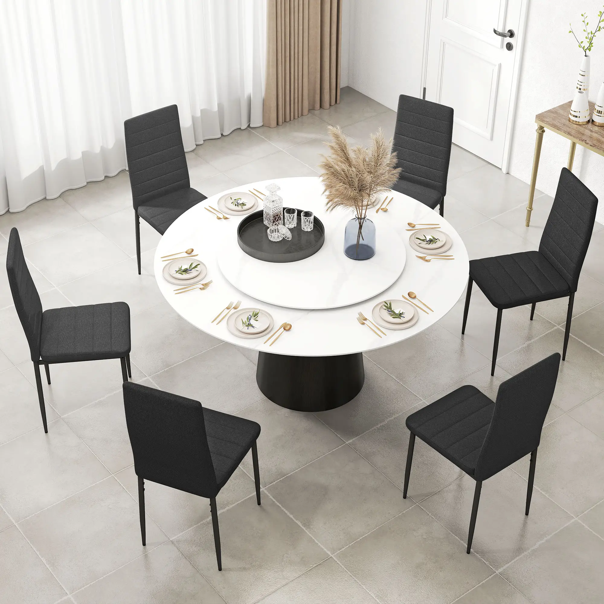 Modern High Back Dining Chairs, PU Leather Upholstered, Set of 6, Black - Image 7