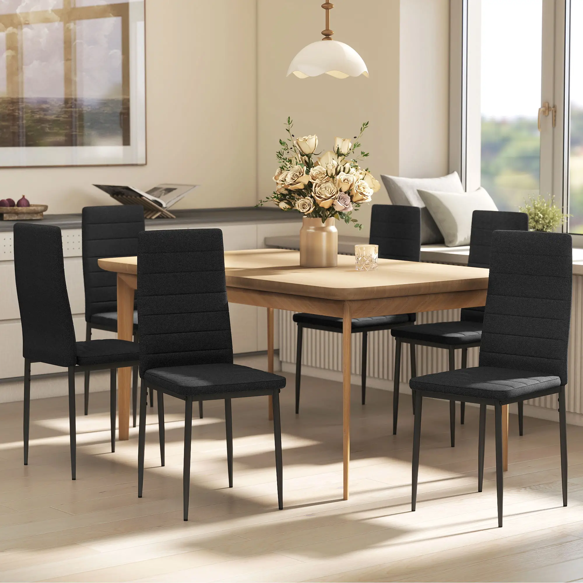 Modern High Back Dining Chairs, PU Leather Upholstered, Set of 6, Black - Image 8