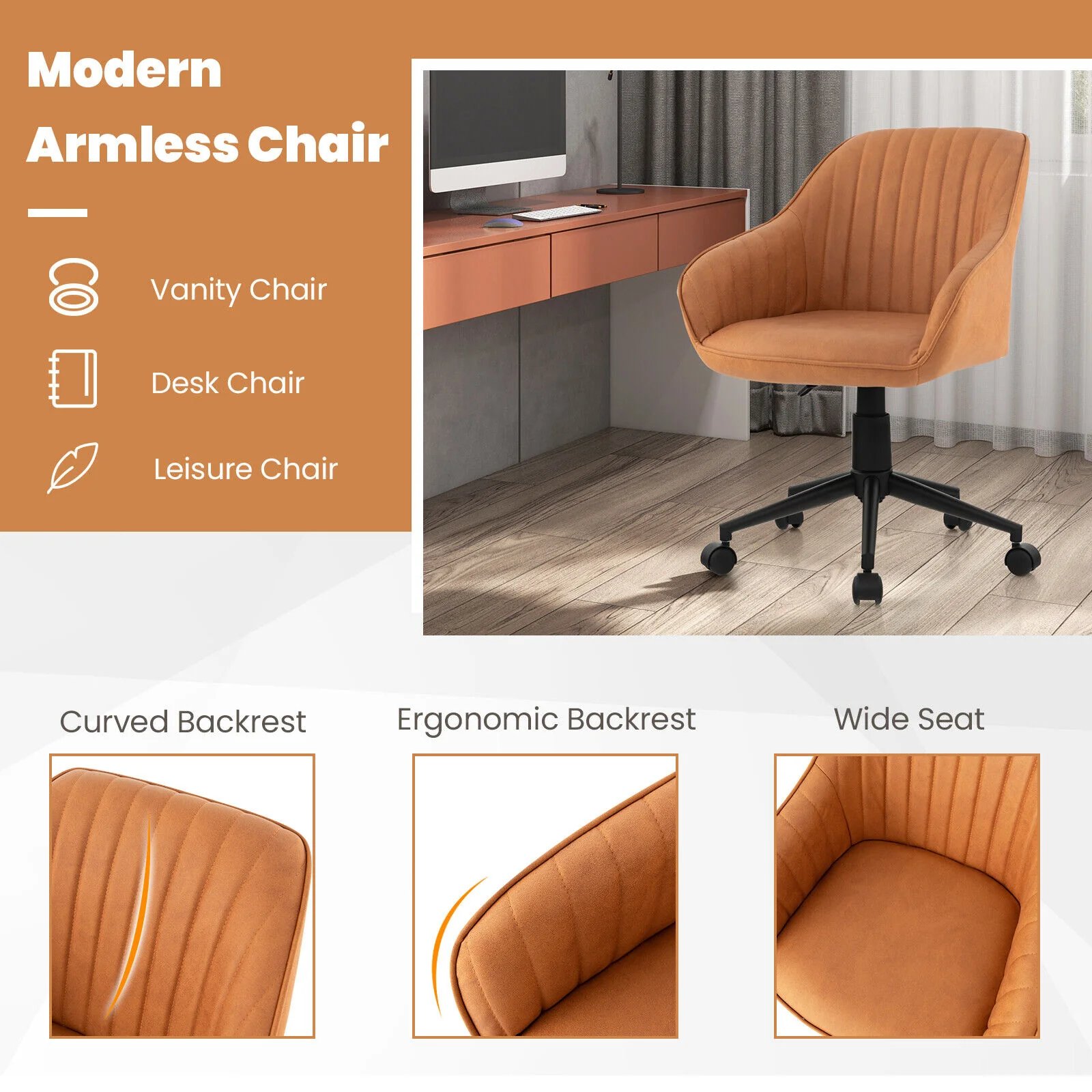 Modern Home Office Chair, Curved Backrest, Comfortable Armrests, Brown - Image 9