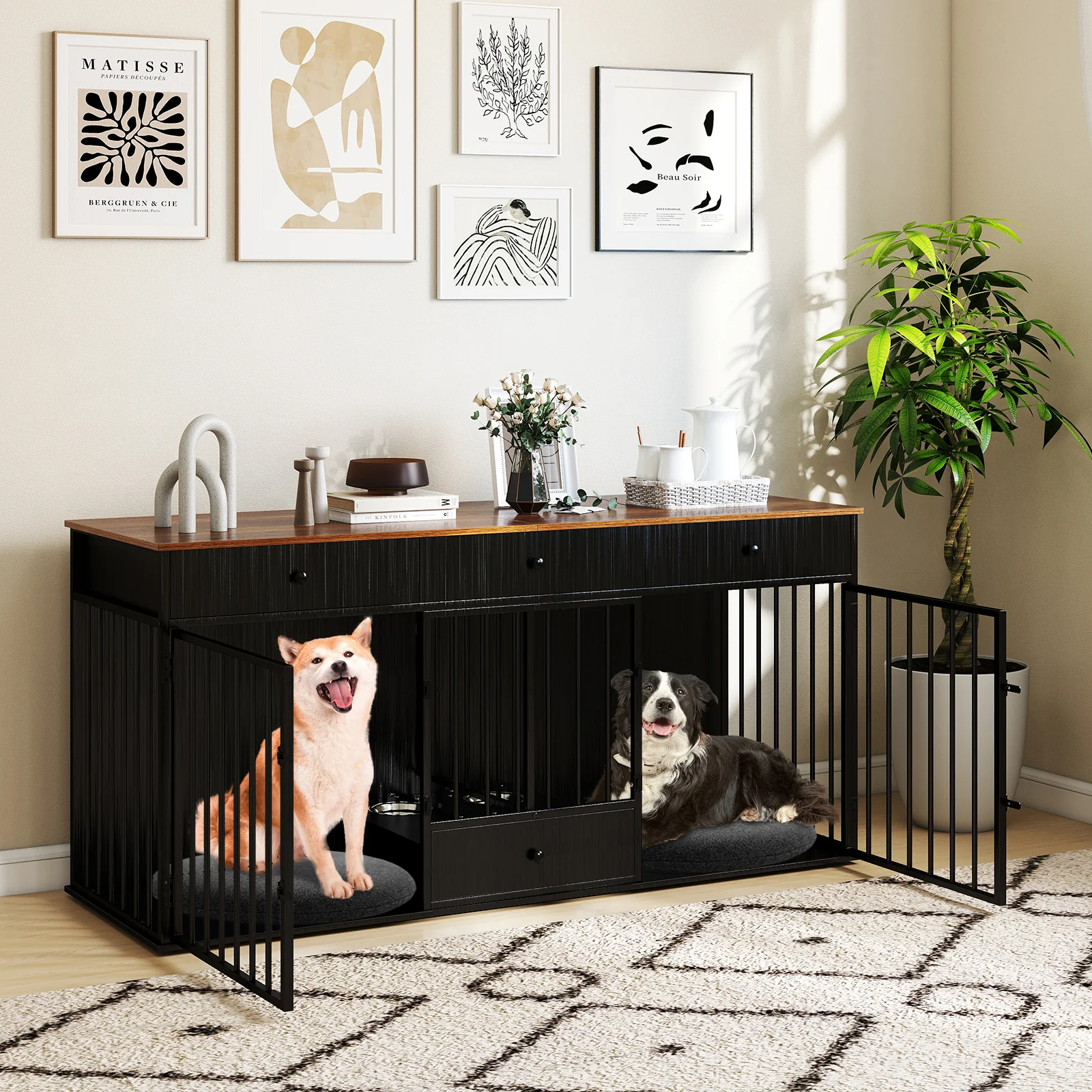 Modern Indoor Dog Crate Furniture, 3 Drawers, Pull-Out Feeder, Black - Image 2