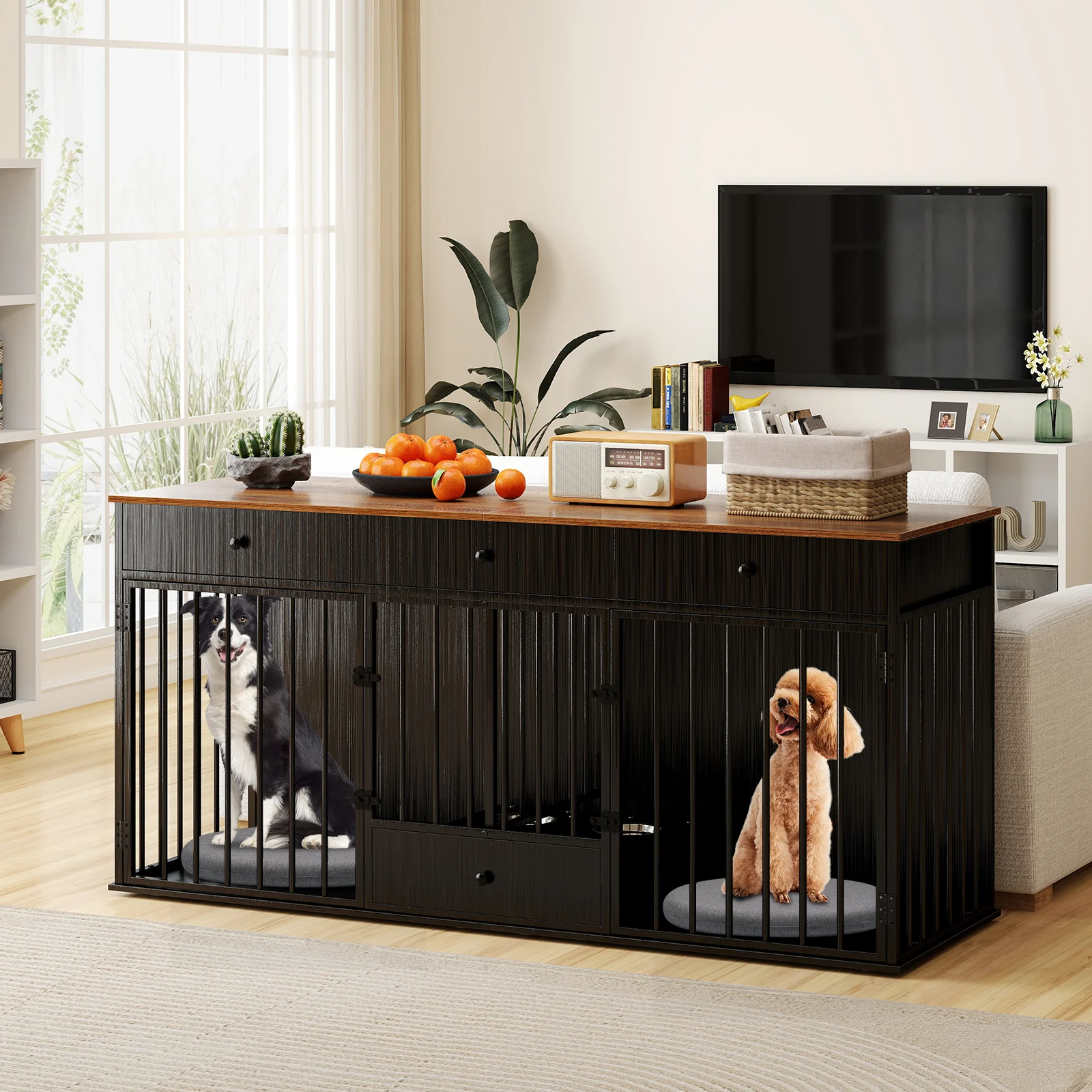Modern Indoor Dog Crate Furniture, 3 Drawers, Pull-Out Feeder, Black - Image 3
