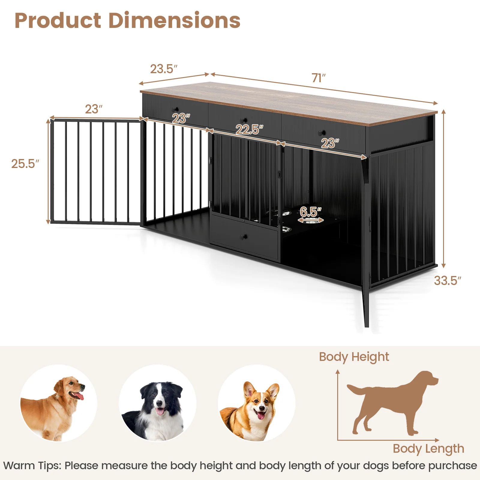 Modern Indoor Dog Crate Furniture, 3 Drawers, Pull-Out Feeder, Black - Image 5