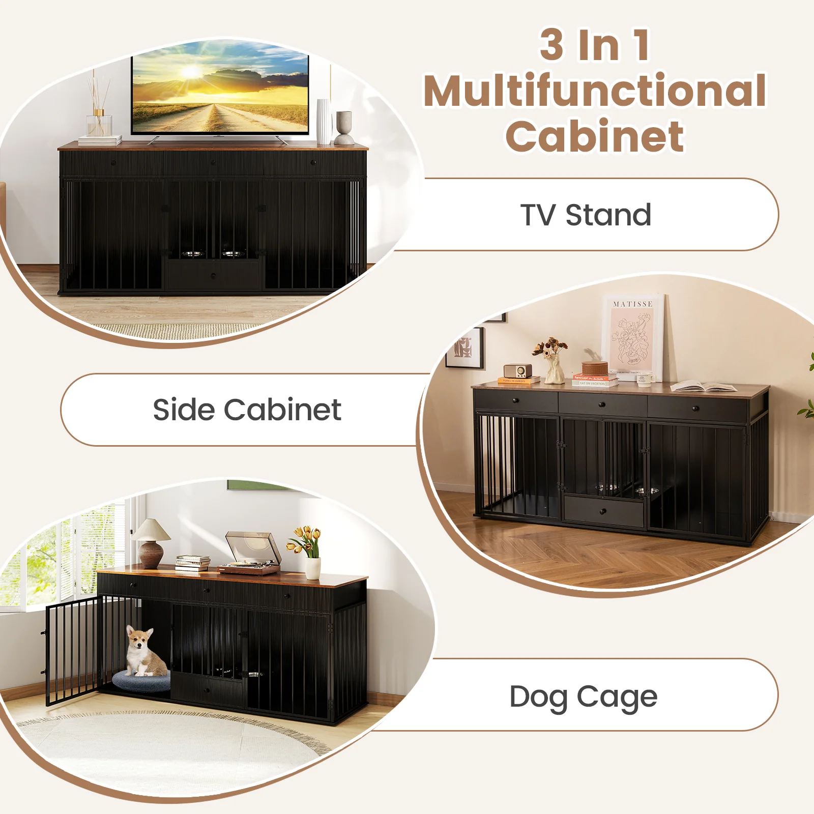 Modern Indoor Dog Crate Furniture, 3 Drawers, Pull-Out Feeder, Black - Image 8