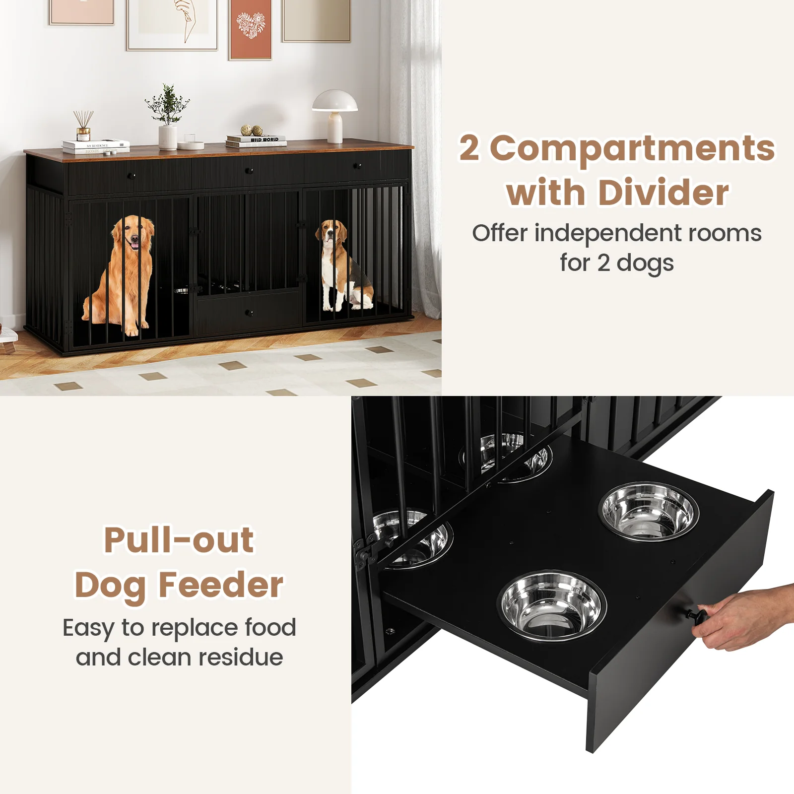 Modern Indoor Dog Crate Furniture, 3 Drawers, Pull-Out Feeder, Black - Image 9
