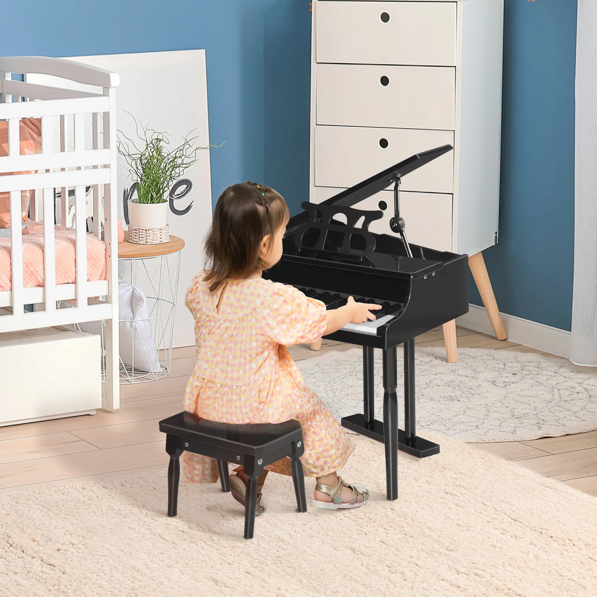 Modern Kids Piano, 30 Keys, Set of 2, Mini Toy, Grand Piano with Stand, Black - Image 2