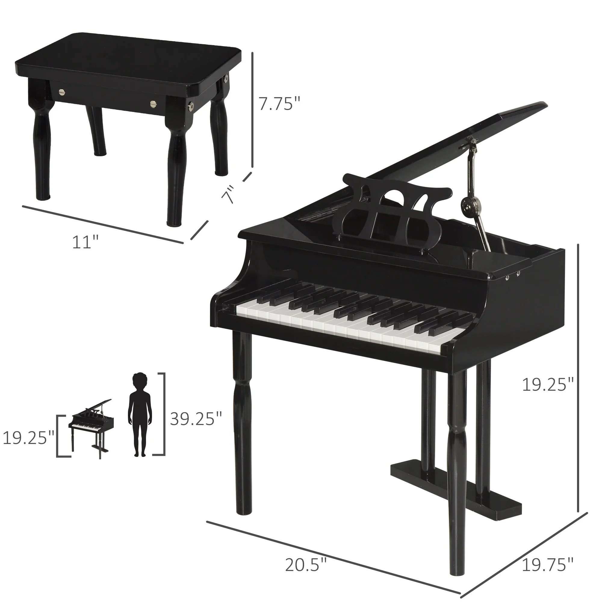 Modern Kids Piano, 30 Keys, Set of 2, Mini Toy, Grand Piano with Stand, Black - Image 3