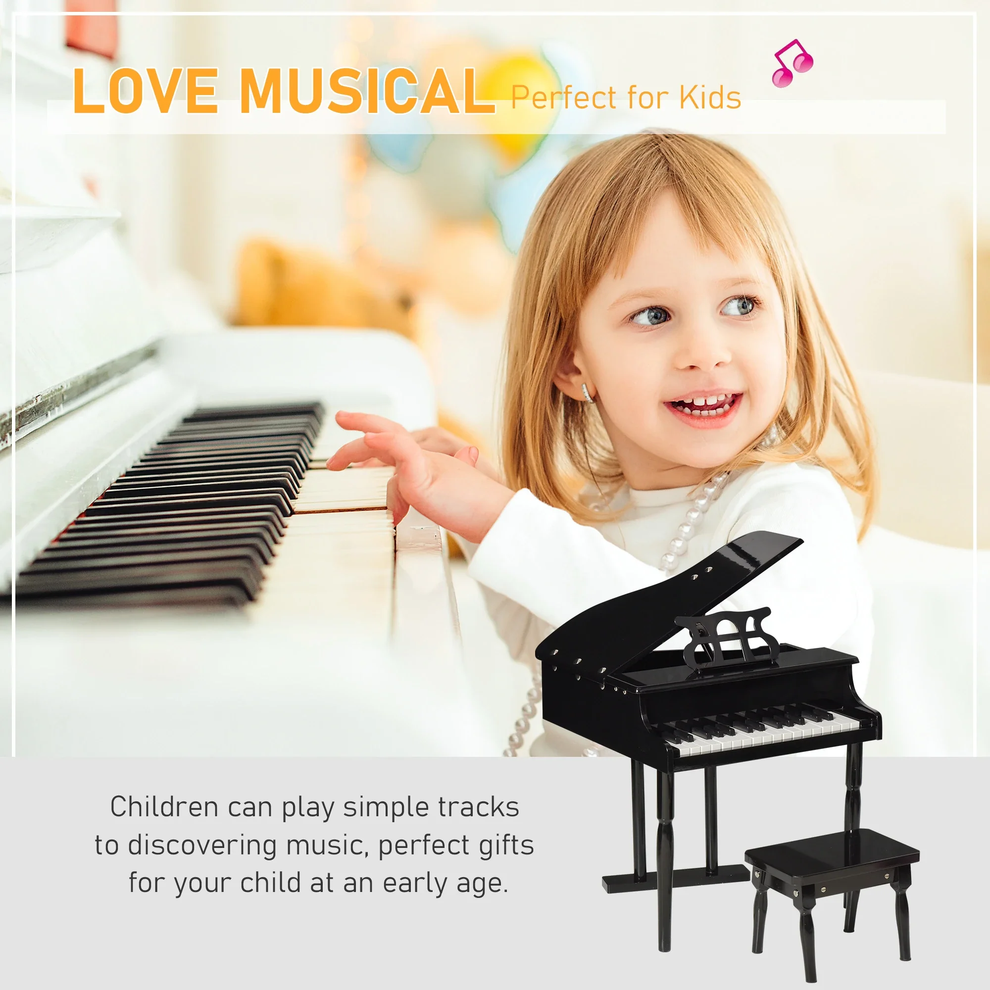 Modern Kids Piano, 30 Keys, Set of 2, Mini Toy, Grand Piano with Stand, Black - Image 4