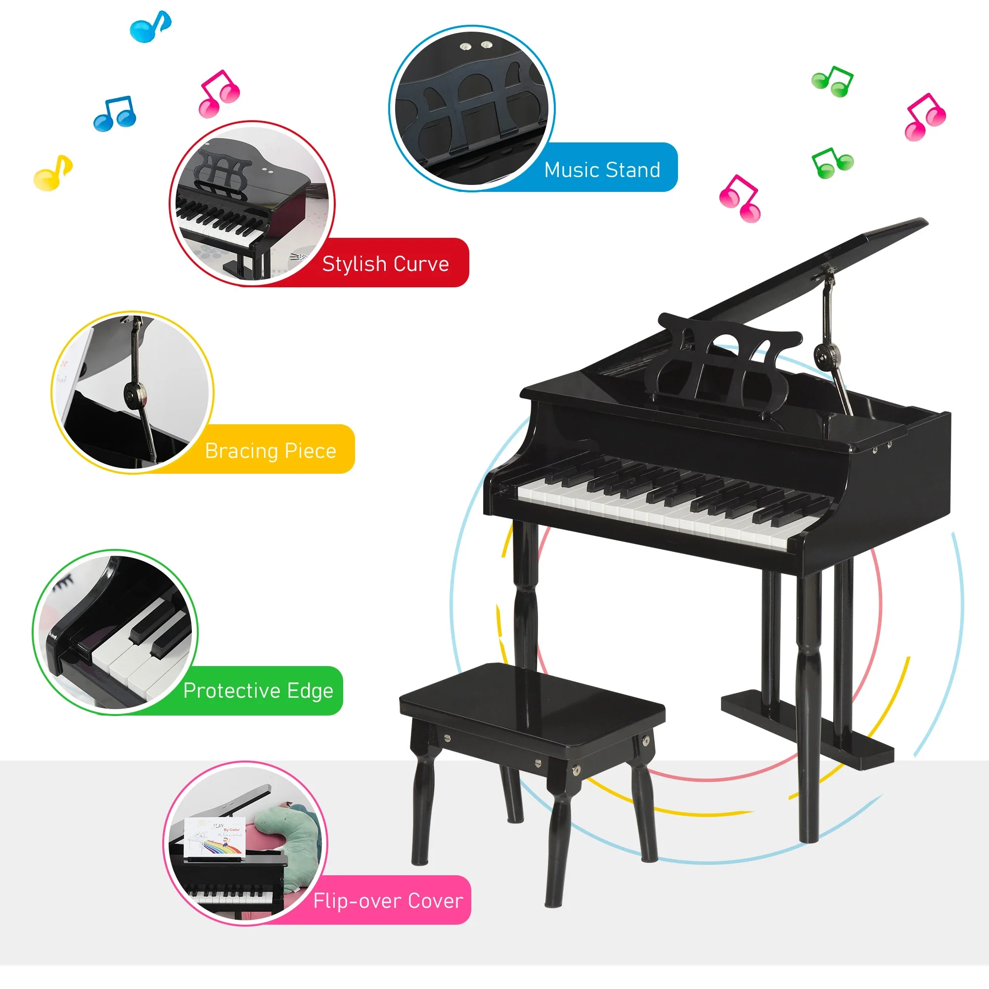 Modern Kids Piano, 30 Keys, Set of 2, Mini Toy, Grand Piano with Stand, Black - Image 5