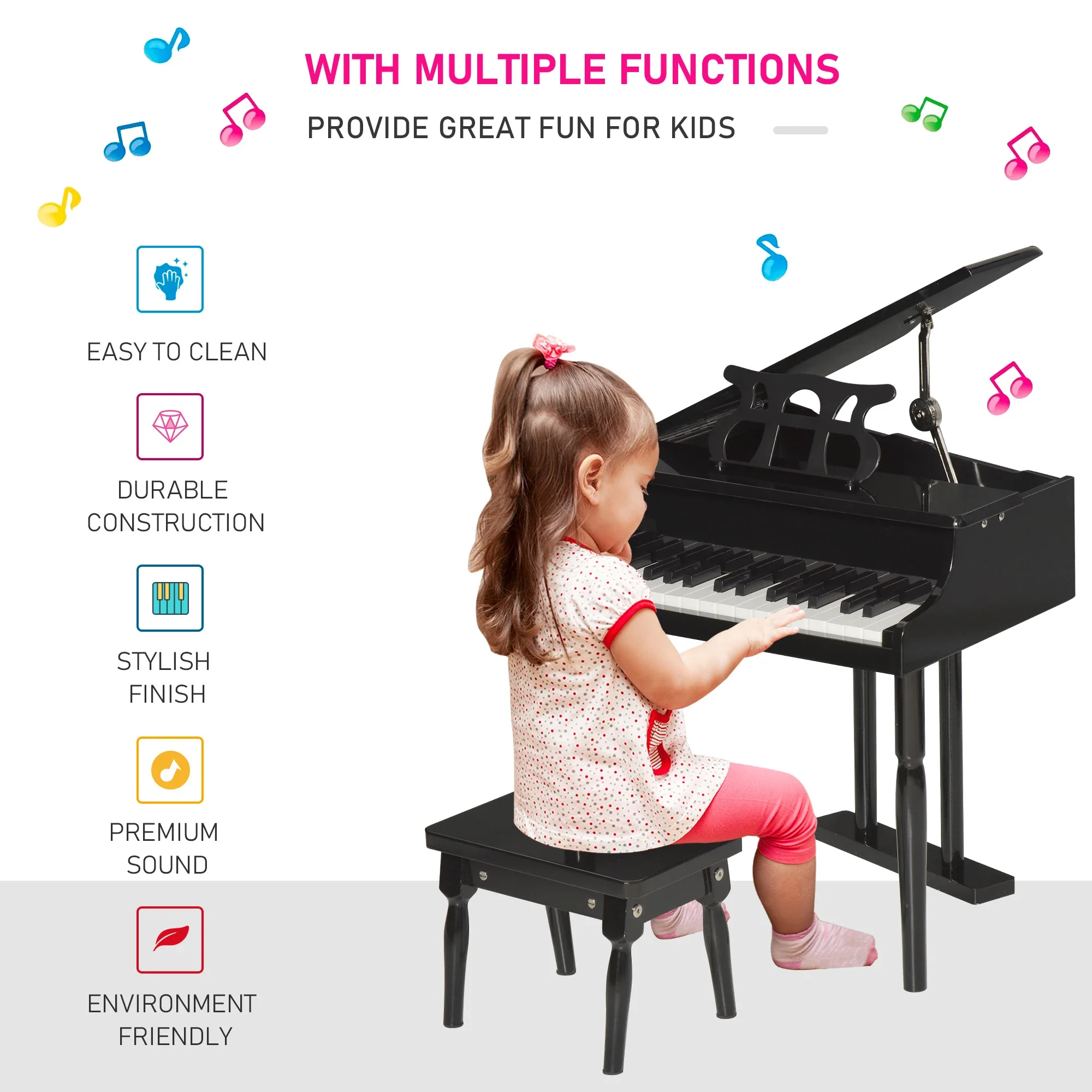 Modern Kids Piano, 30 Keys, Set of 2, Mini Toy, Grand Piano with Stand, Black - Image 7
