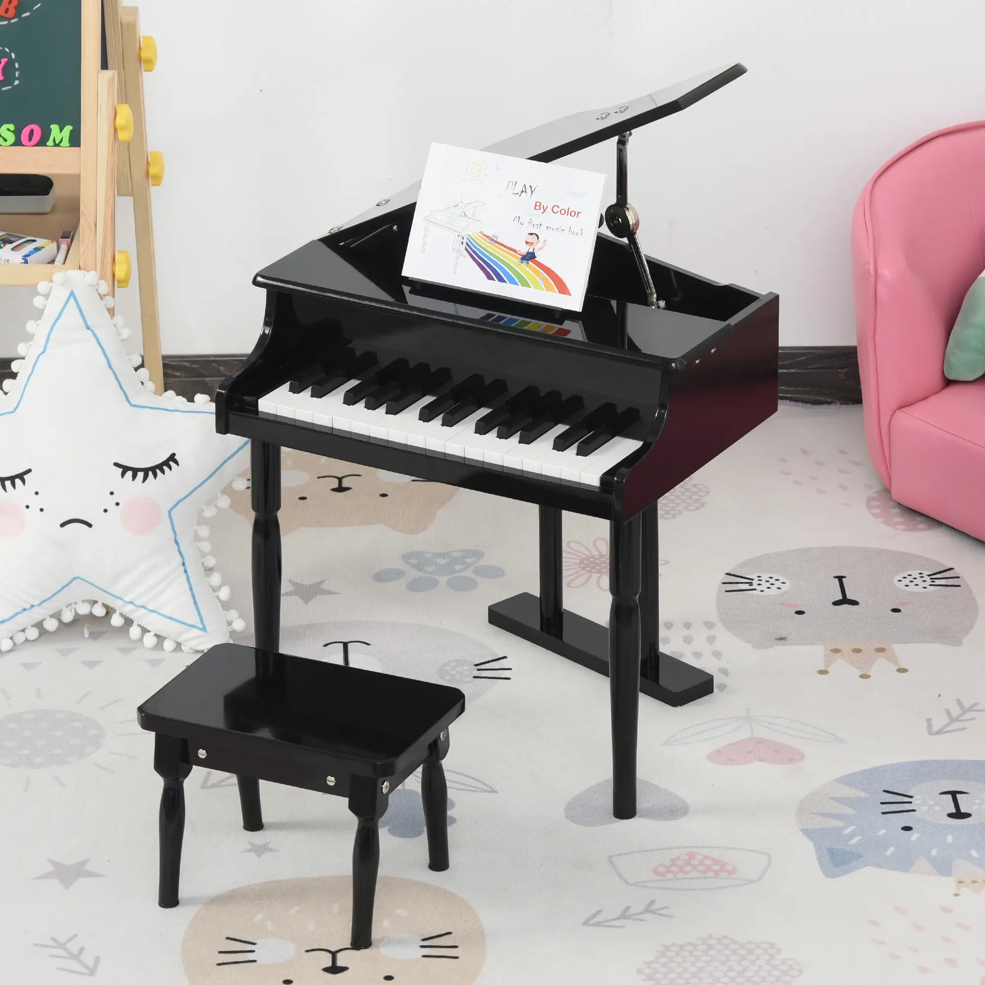 Modern Kids Piano, 30 Keys, Set of 2, Mini Toy, Grand Piano with Stand, Black - Image 8