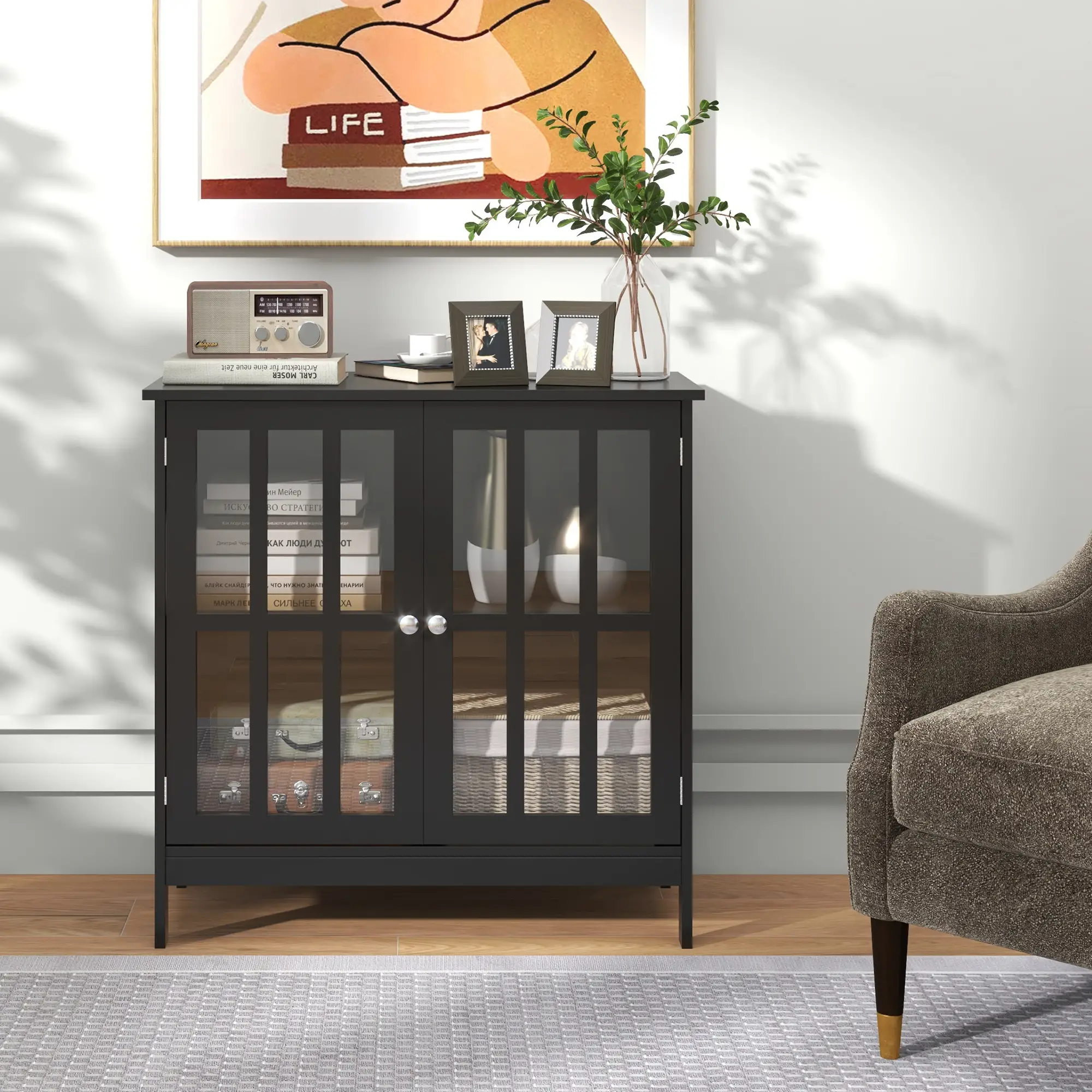 Modern Kitchen Buffet Cabinet, 2 Doors, Dining Room Sideboard, Black - Image 7