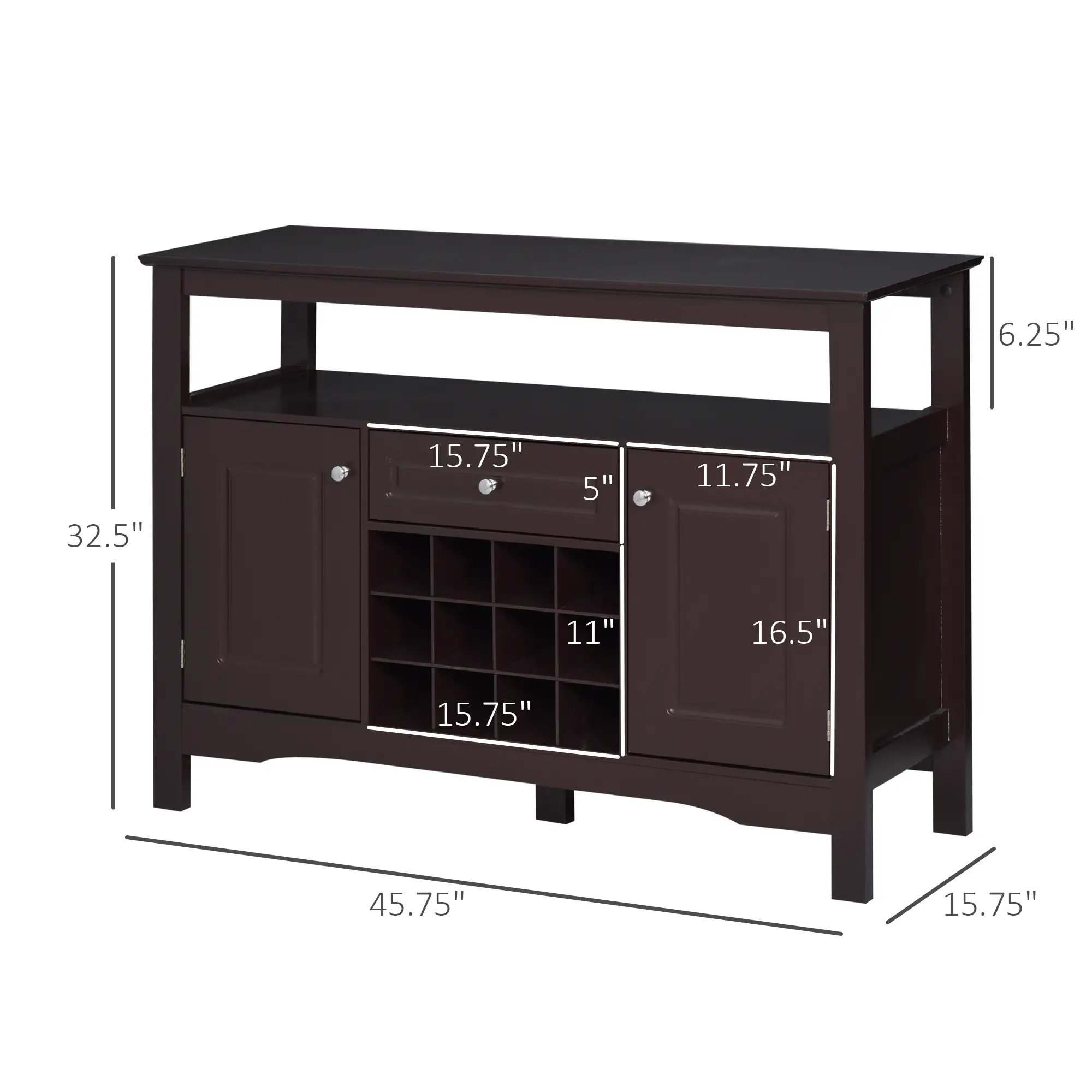 Modern Kitchen Buffet Cabinet, Drawer, 12-Bottle Wine Rack, Espresso - Image 3