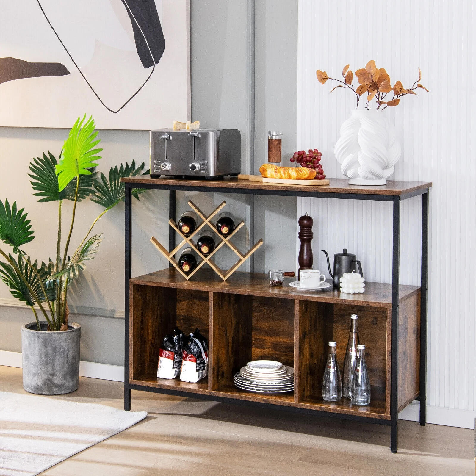 Modern Kitchen Buffet Sideboard, 3 Compartments, Rustic Brown - Image 3