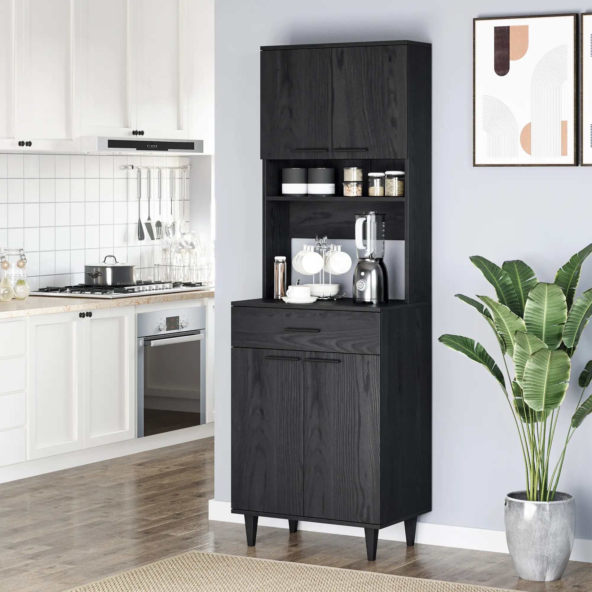 Modern Kitchen Buffet with Hutch, Wooden Storage Cupboard, Black - Image 2