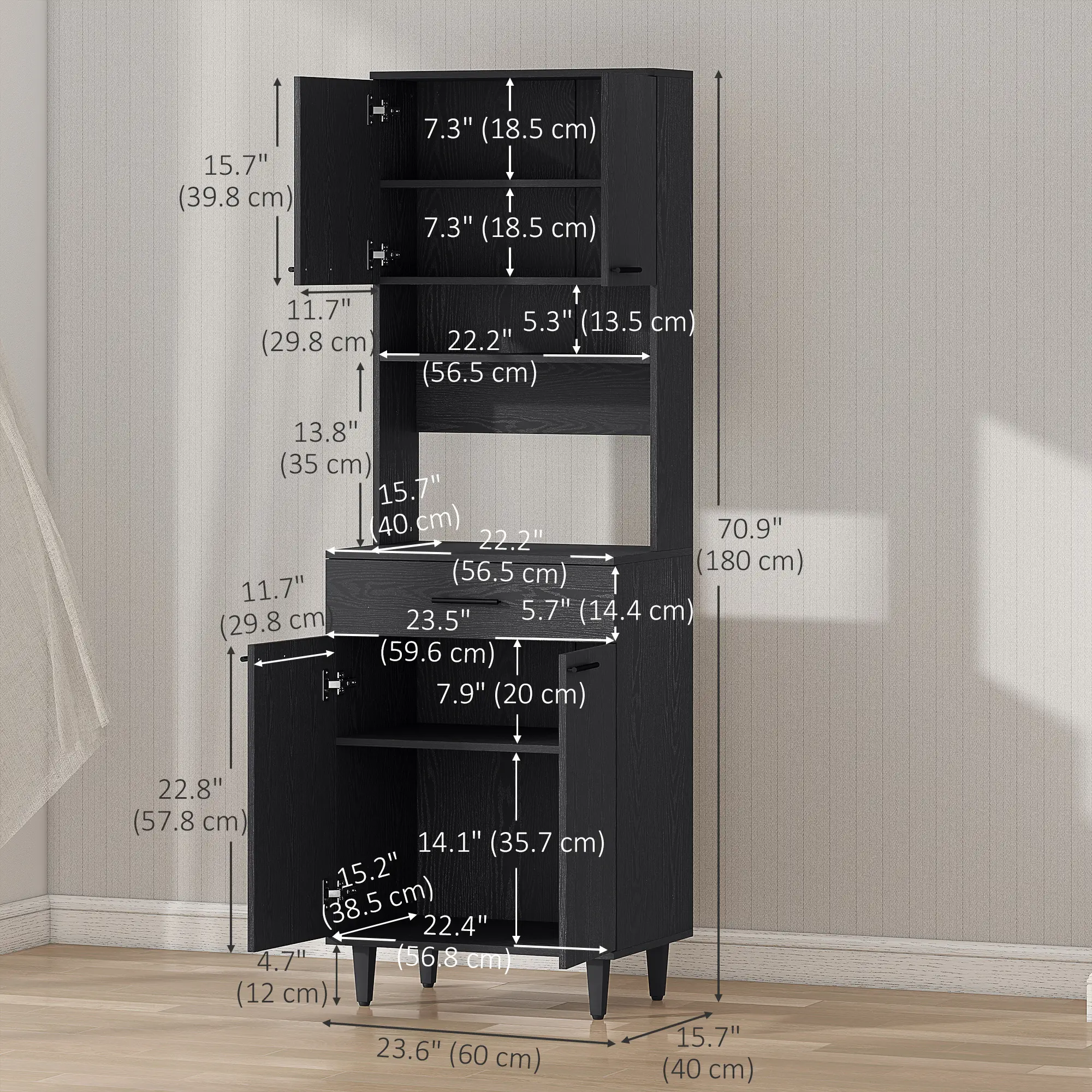 Modern Kitchen Buffet with Hutch, Wooden Storage Cupboard, Black - Image 3