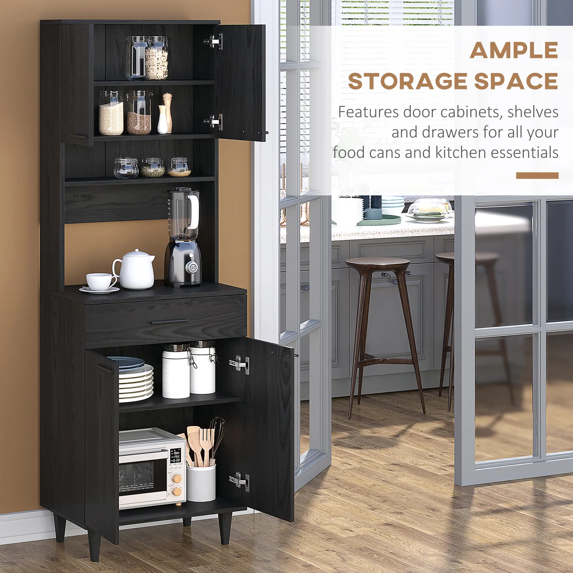 Modern Kitchen Buffet with Hutch, Wooden Storage Cupboard, Black - Image 4