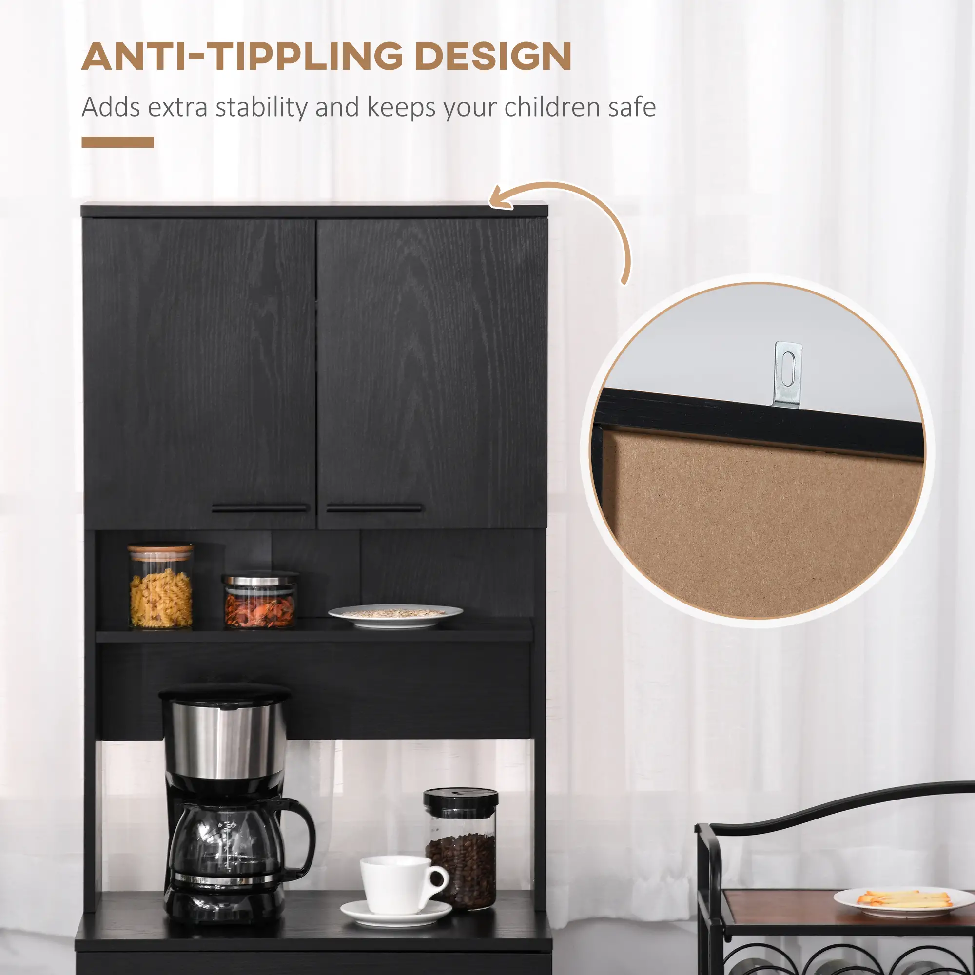 Modern Kitchen Buffet with Hutch, Wooden Storage Cupboard, Black - Image 6