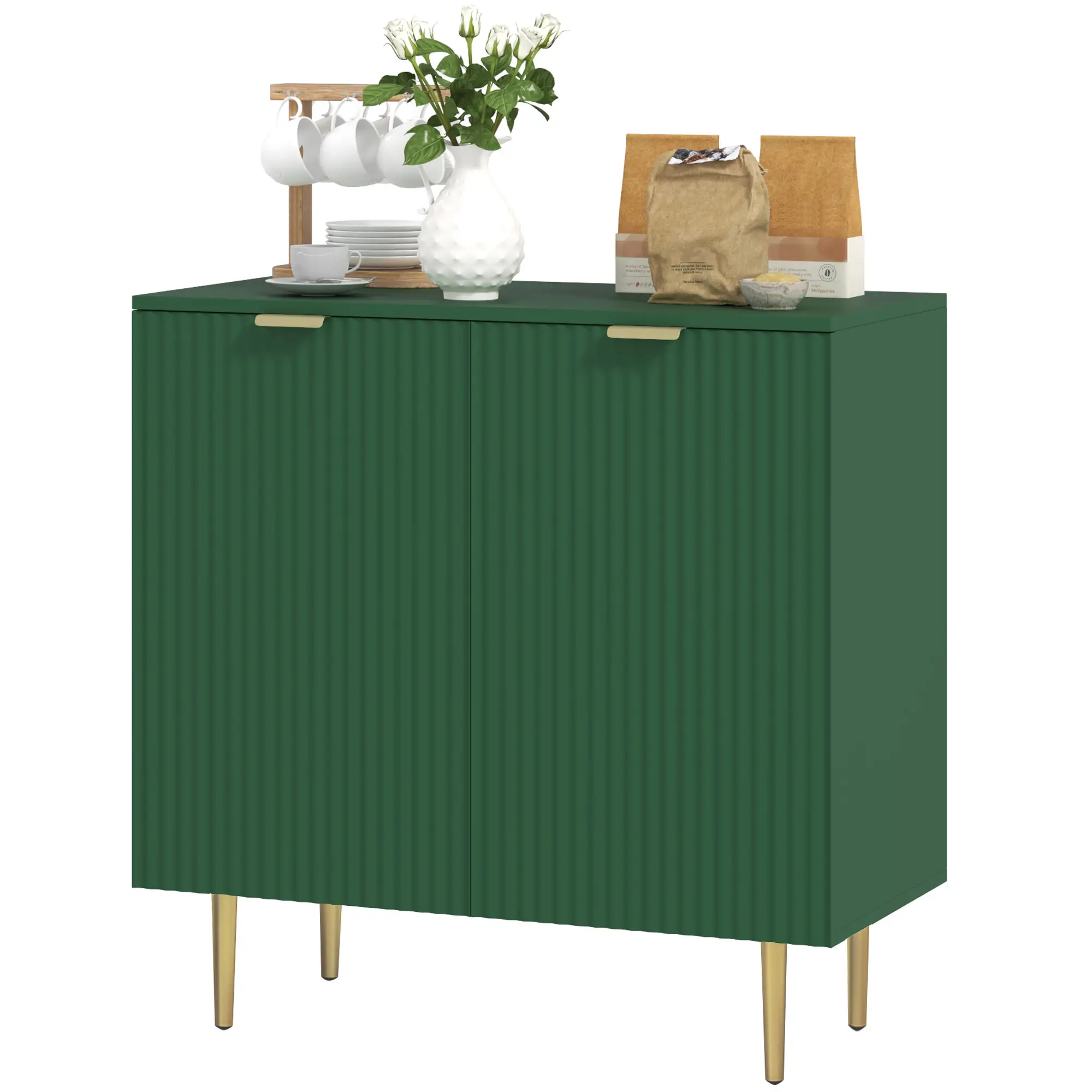 Modern Kitchen Cabinet, Adjustable Shelves, Metal Legs, Green
