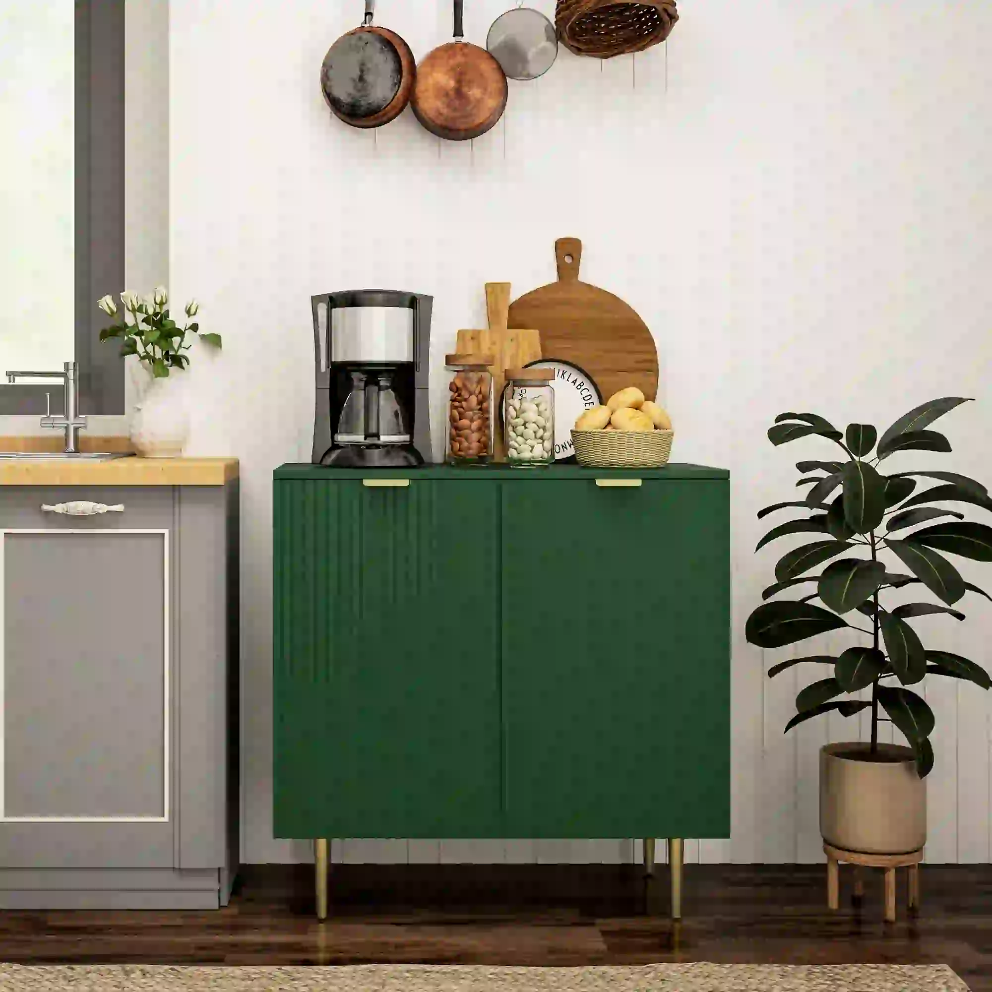 Modern Kitchen Cabinet, Adjustable Shelves, Metal Legs, Green - Image 2