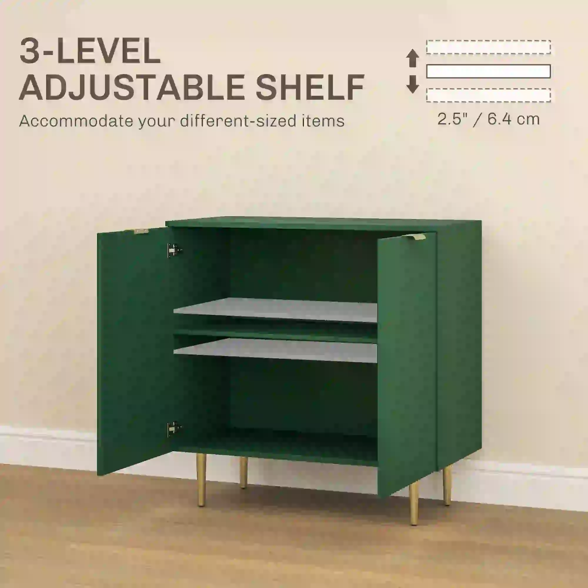 Modern Kitchen Cabinet, Adjustable Shelves, Metal Legs, Green - Image 5