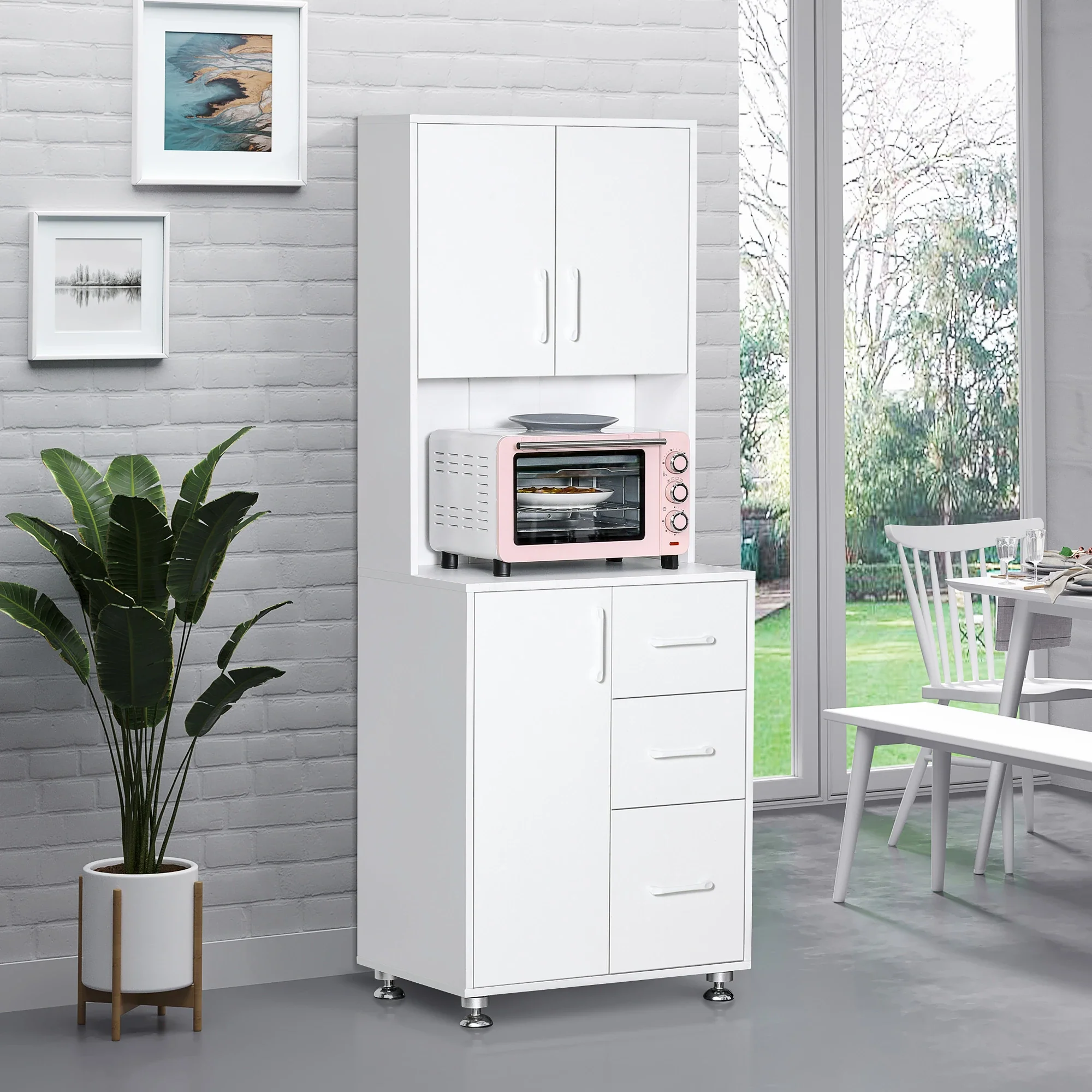 Modern Kitchen Cupboard, Storage Cabinet Hutch, 2 Cabinets, 3 Drawers, White - Image 2