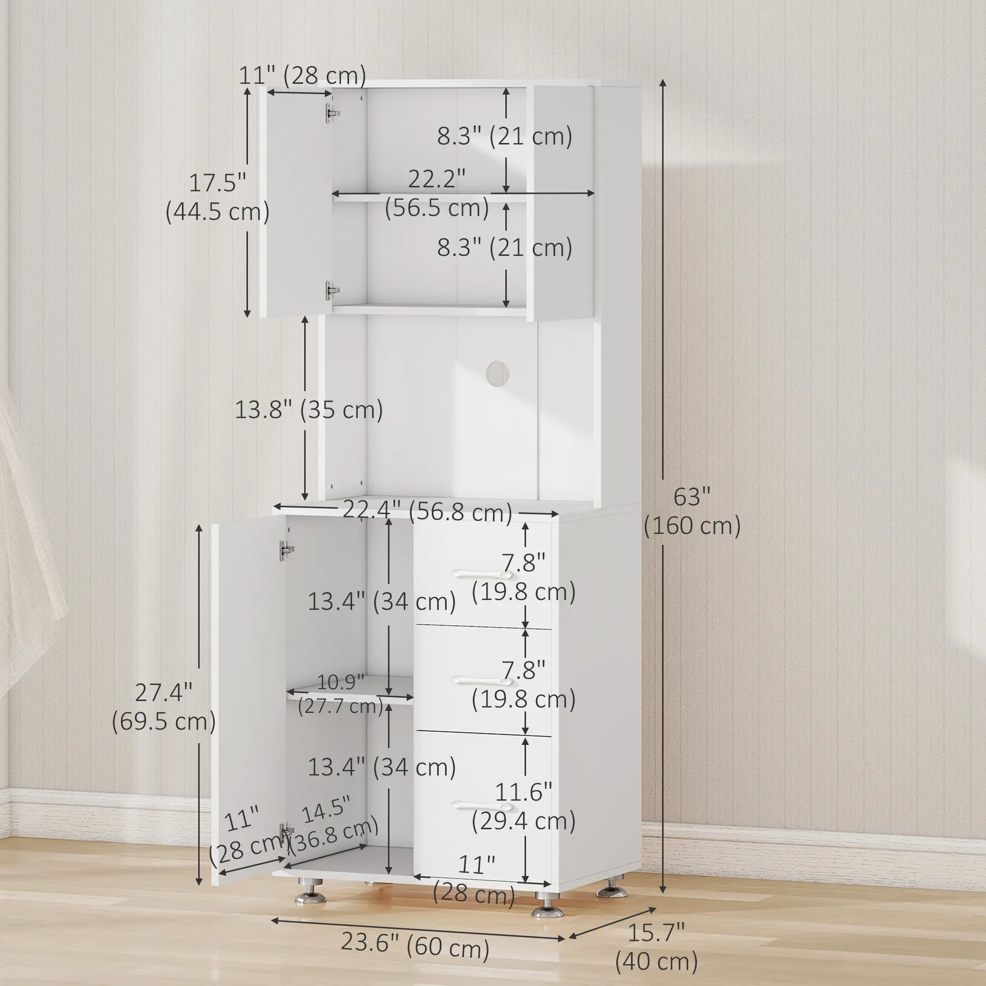 Modern Kitchen Cupboard, Storage Cabinet Hutch, 2 Cabinets, 3 Drawers, White - Image 3
