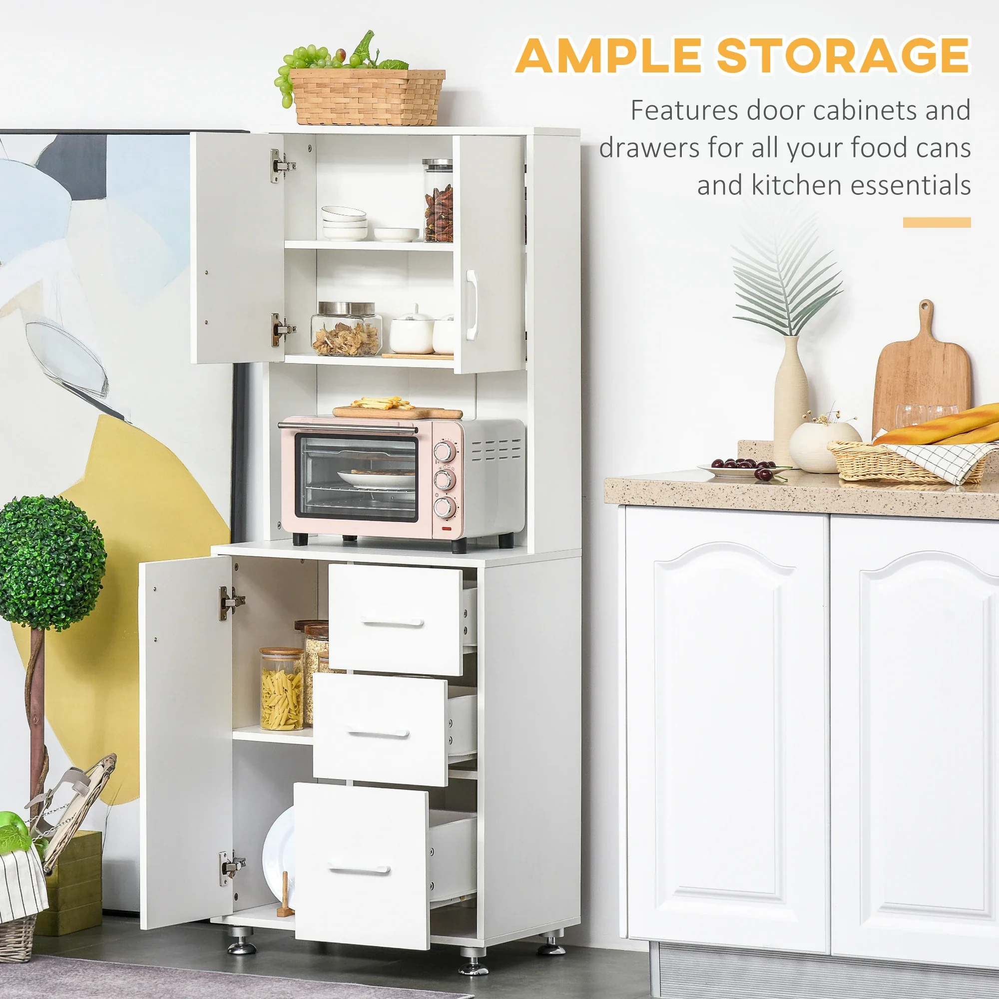 Modern Kitchen Cupboard, Storage Cabinet Hutch, 2 Cabinets, 3 Drawers, White - Image 4