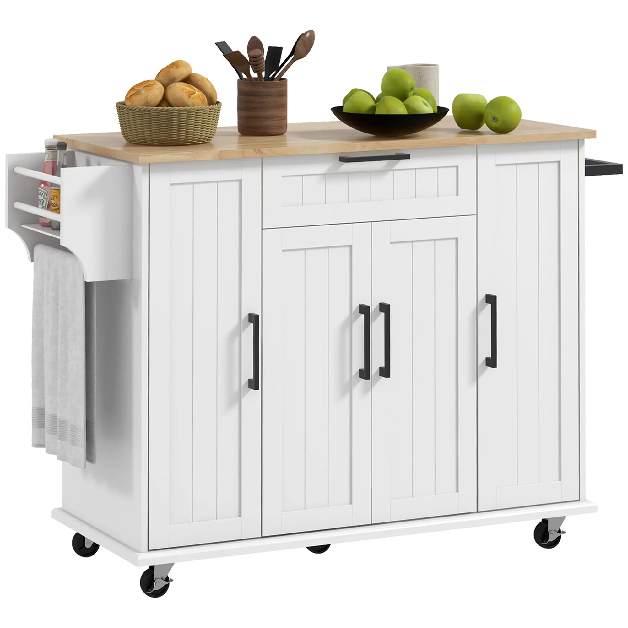 Modern Kitchen Island Cart, Natural Wood Top, Towel Rack, Door Storage, White - Image 11