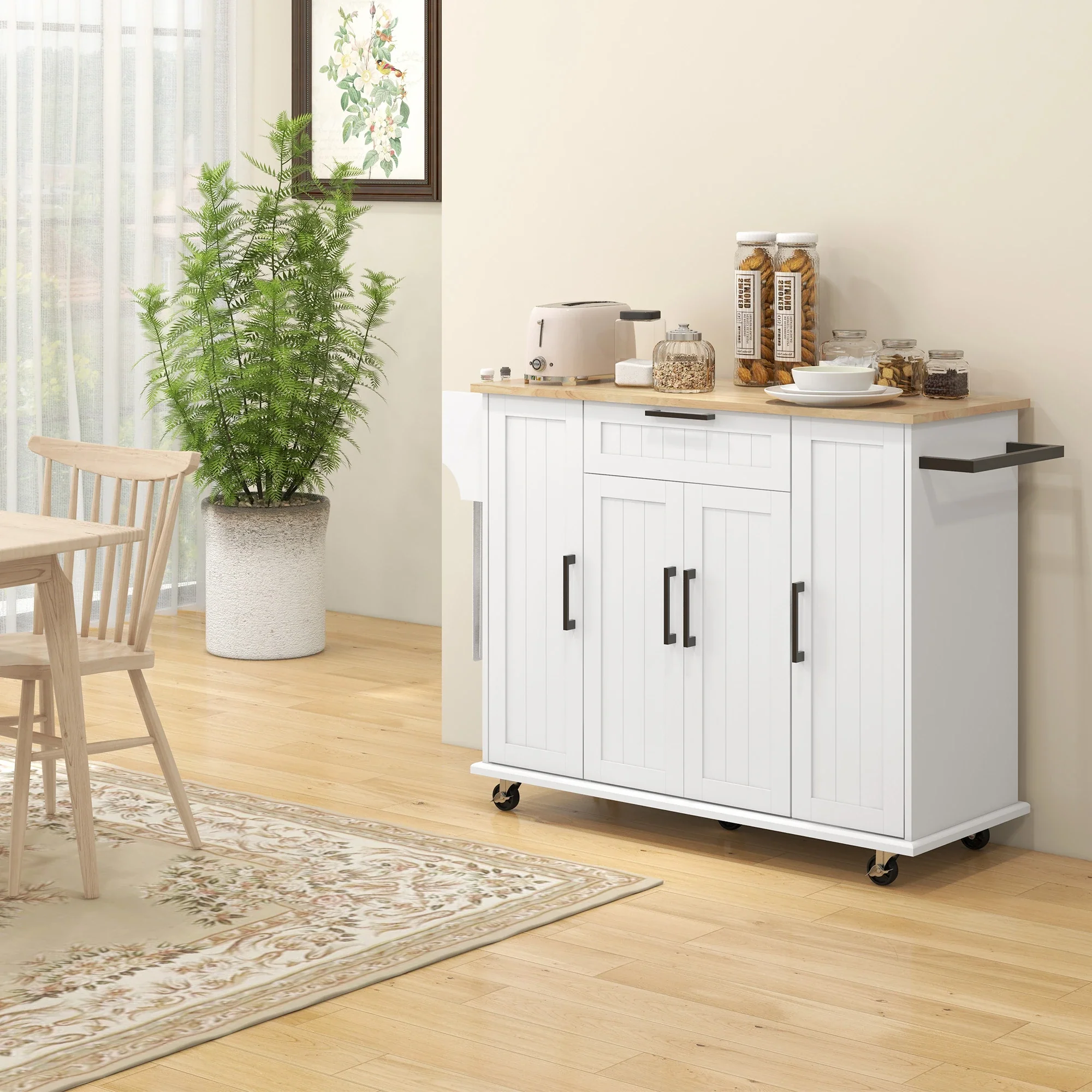 Modern Kitchen Island Cart, Natural Wood Top, Towel Rack, Door Storage, White - Image 2