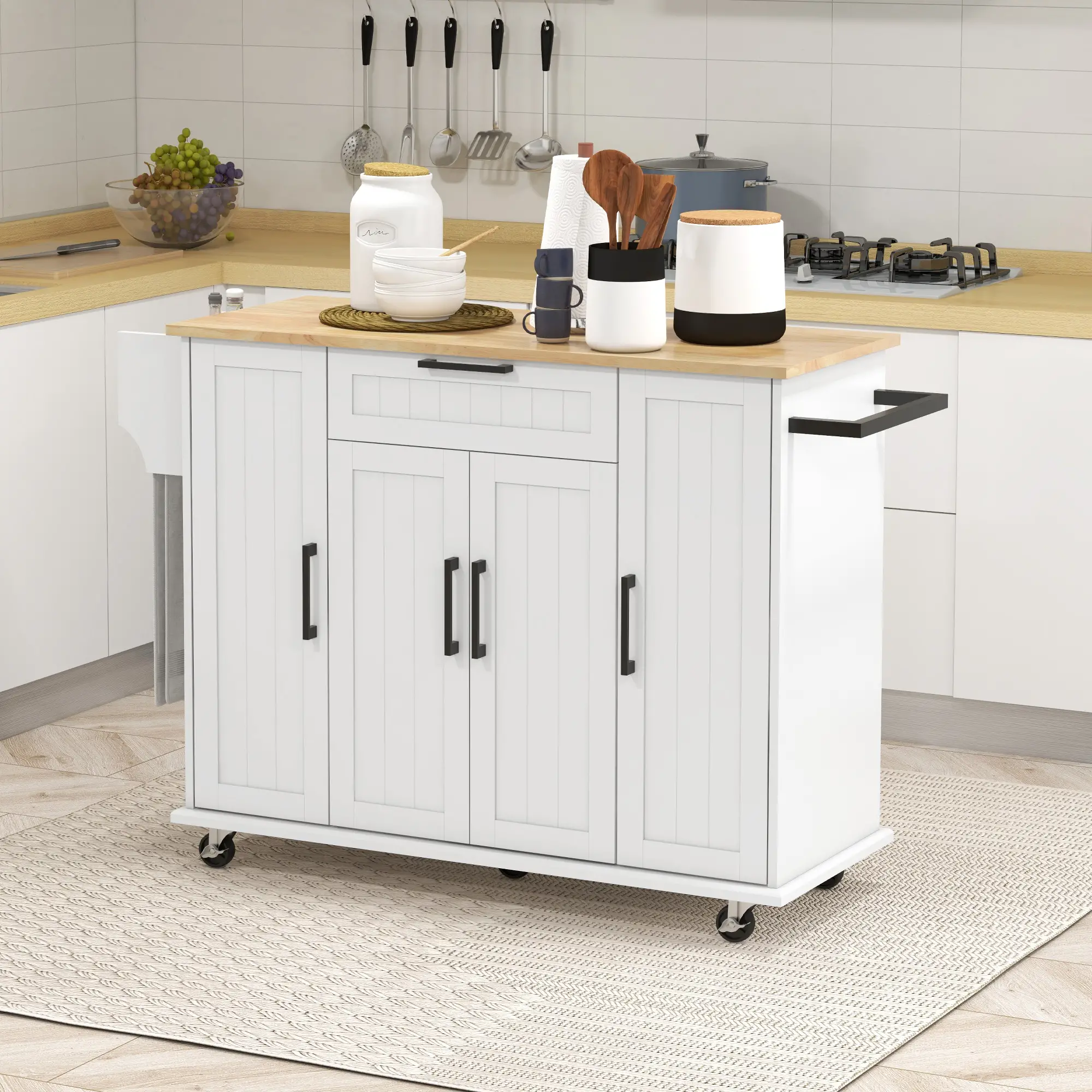 Modern Kitchen Island Cart, Natural Wood Top, Towel Rack, Door Storage, White - Image 8