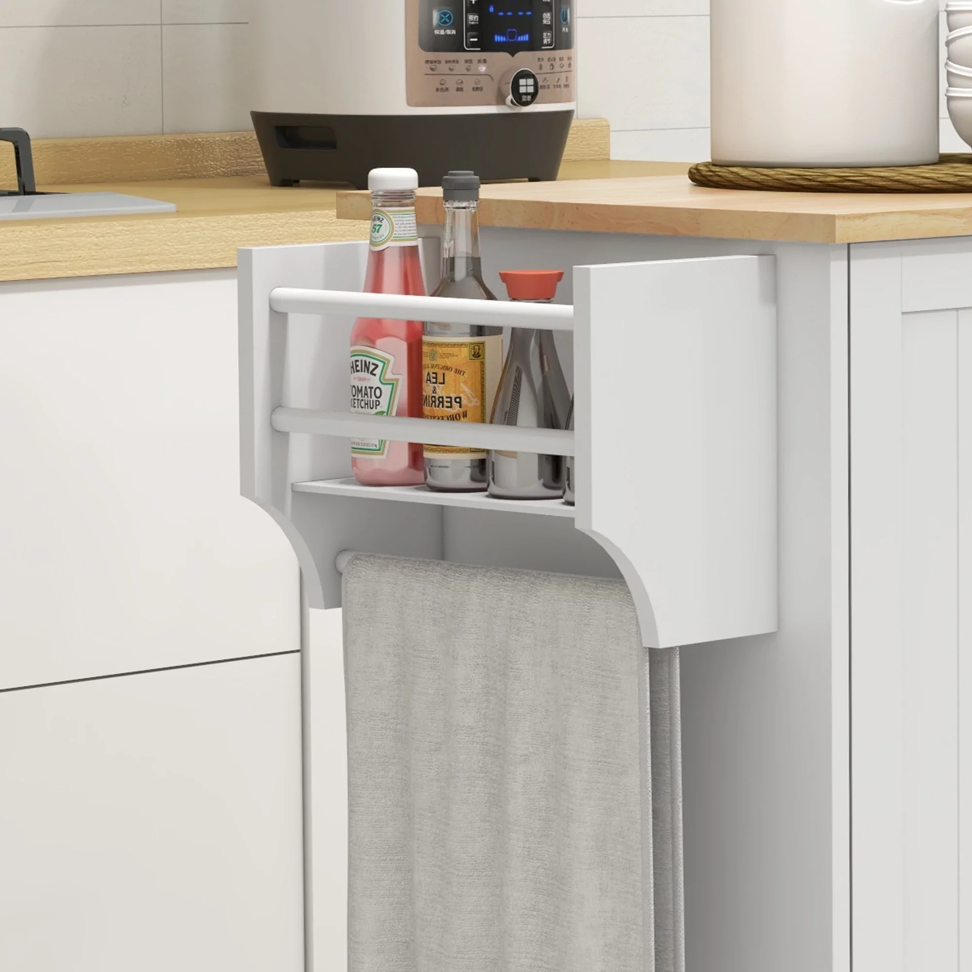 Modern Kitchen Island Cart, Natural Wood Top, Towel Rack, Door Storage, White - Image 9