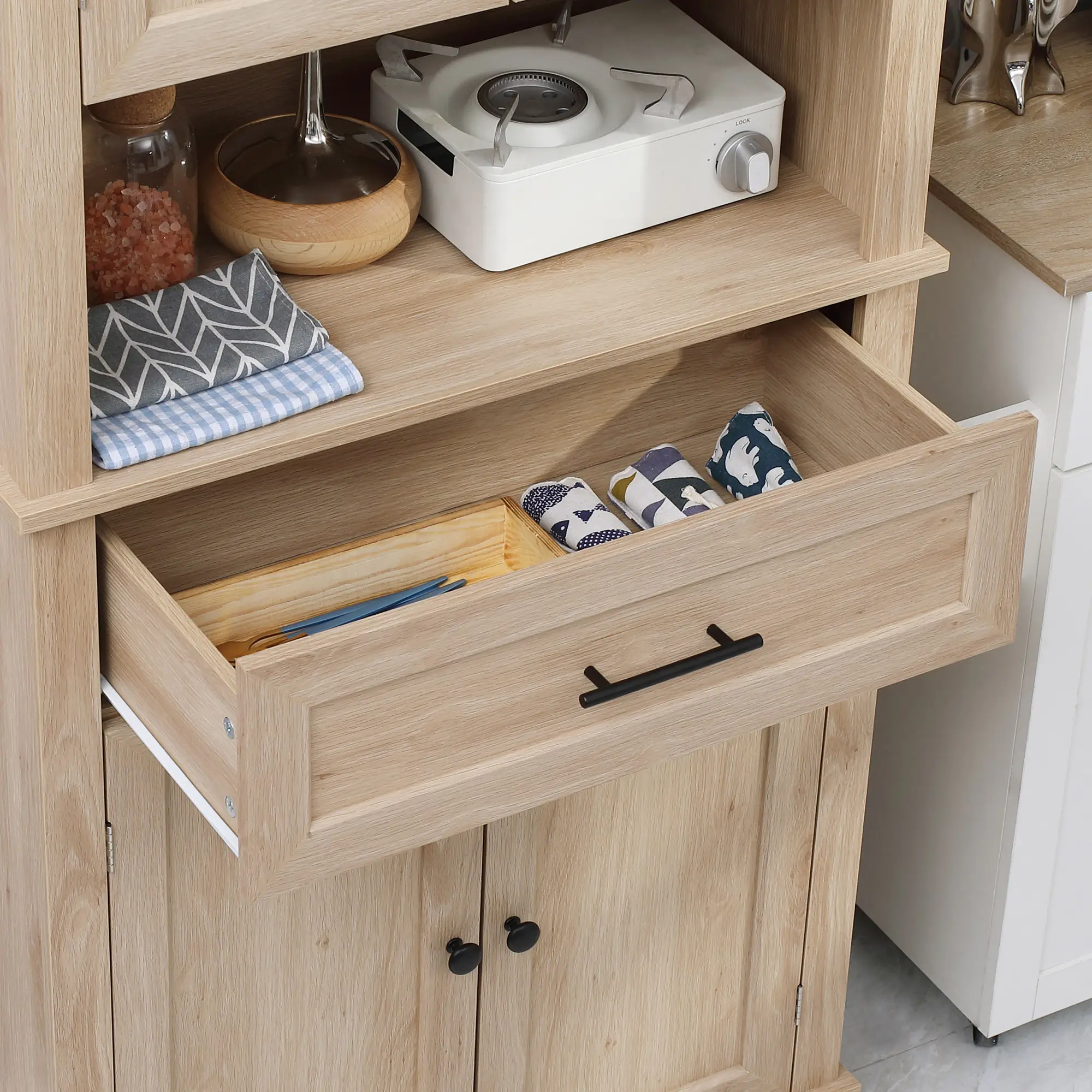 Modern Kitchen Pantry Cabinet, Freestanding with Adjustable Shelves, Oak - Image 10
