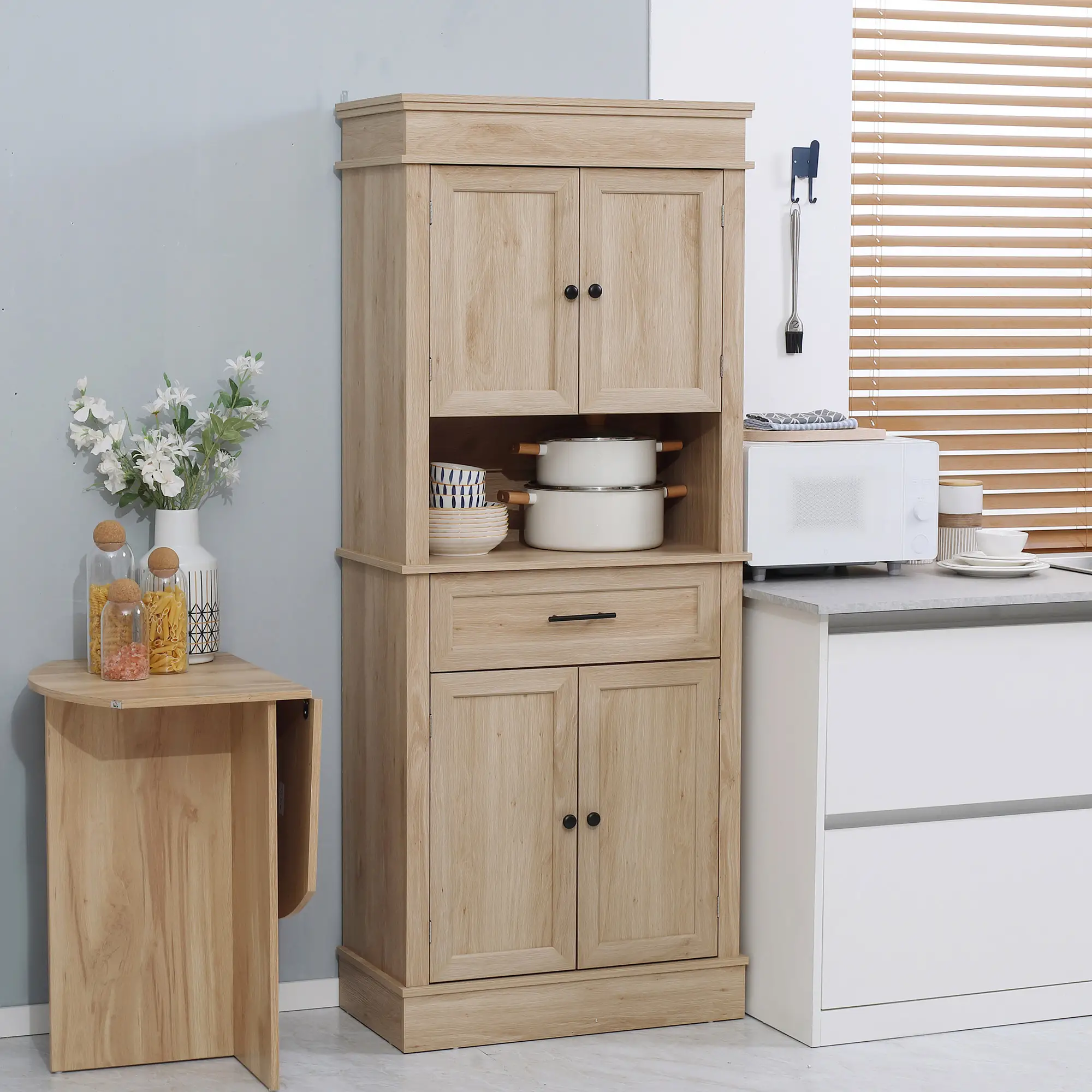 Modern Kitchen Pantry Cabinet, Freestanding with Adjustable Shelves, Oak - Image 2