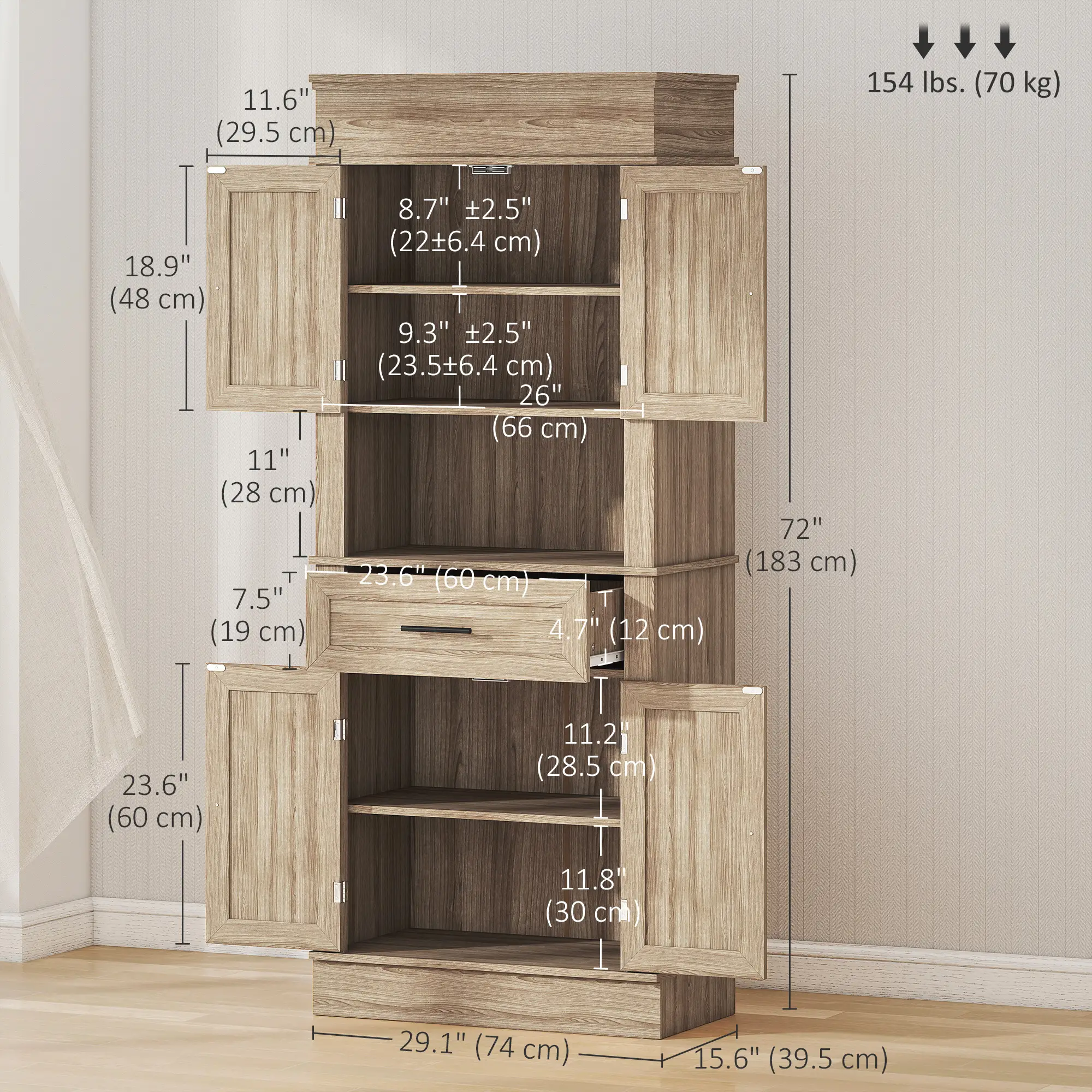 Modern Kitchen Pantry Cabinet, Freestanding with Adjustable Shelves, Oak - Image 3