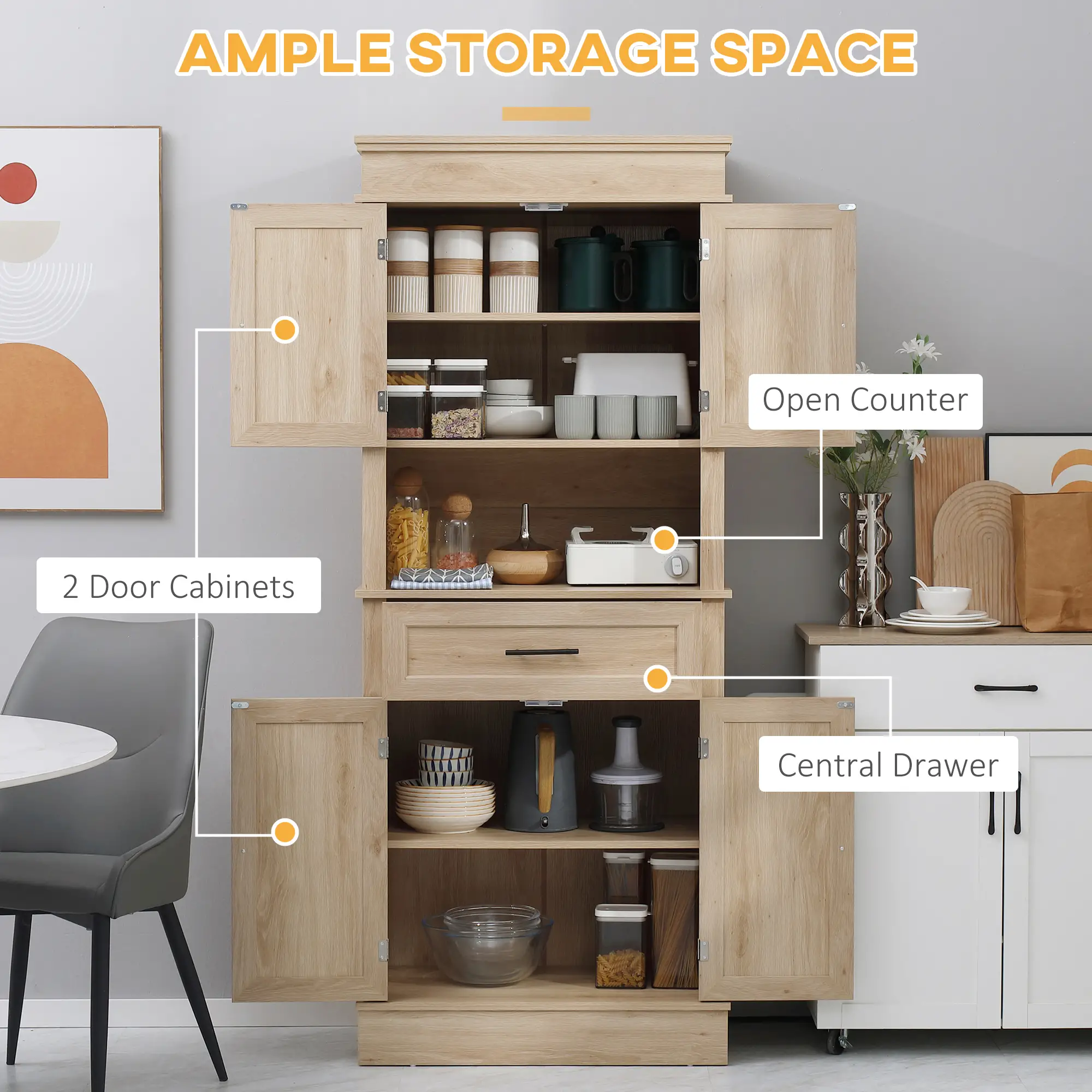 Modern Kitchen Pantry Cabinet, Freestanding with Adjustable Shelves, Oak - Image 4