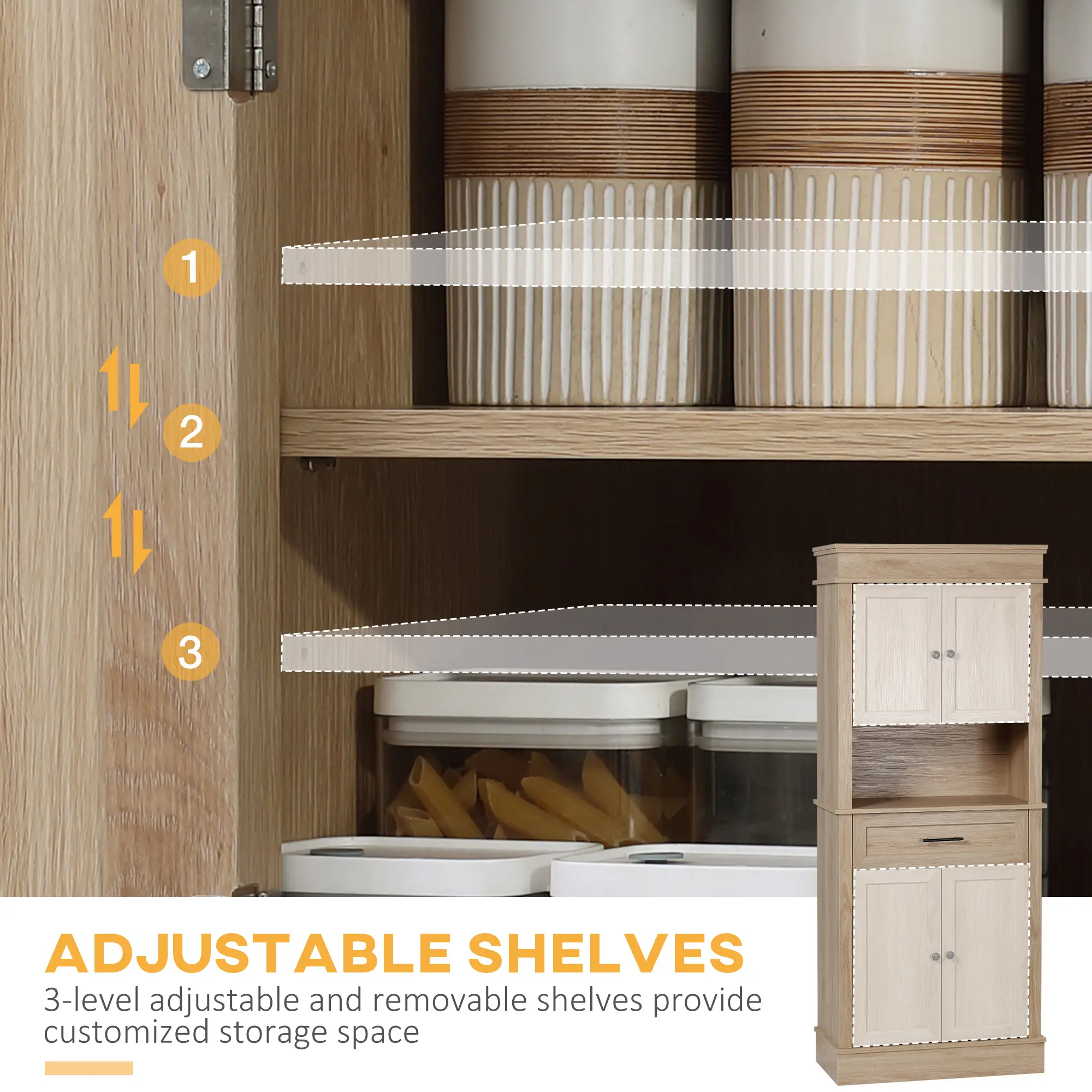 Modern Kitchen Pantry Cabinet, Freestanding with Adjustable Shelves, Oak - Image 5
