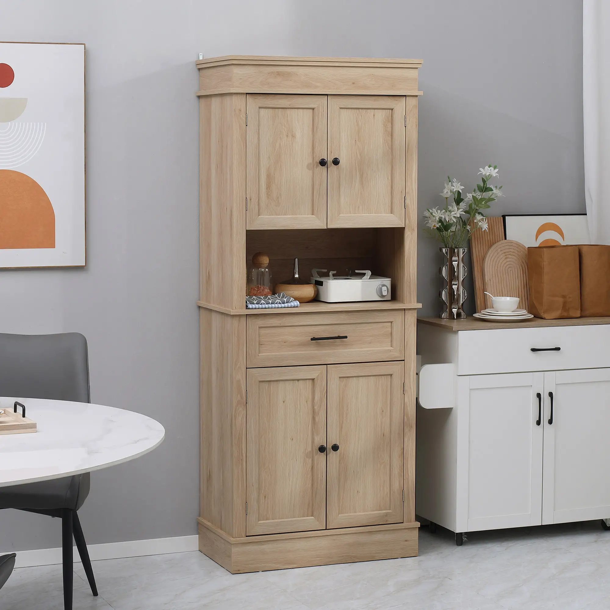 Modern Kitchen Pantry Cabinet, Freestanding with Adjustable Shelves, Oak - Image 8