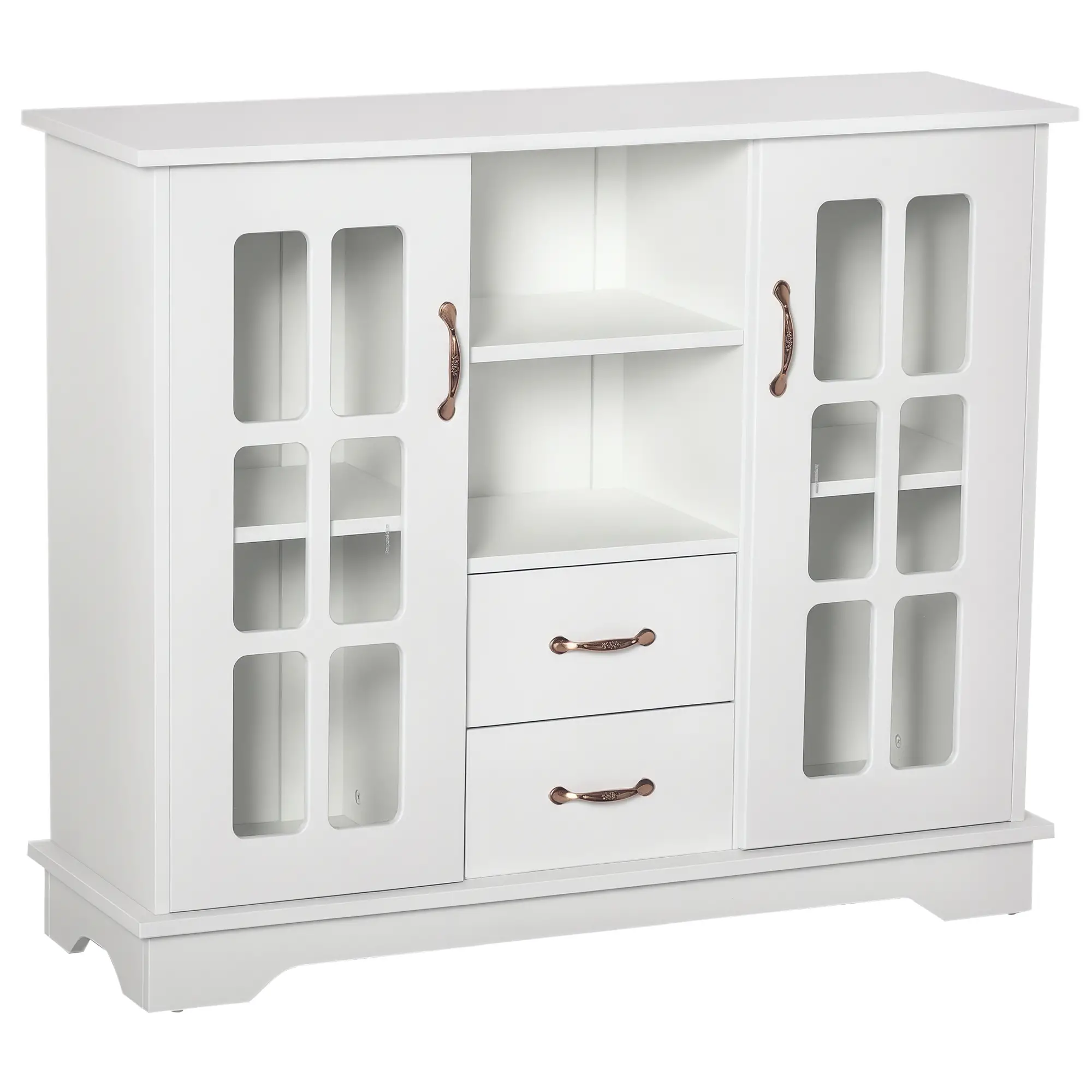 Modern Kitchen Sideboard, 2 Drawers, Coffee Bar Cabinet, Glass Doors, White