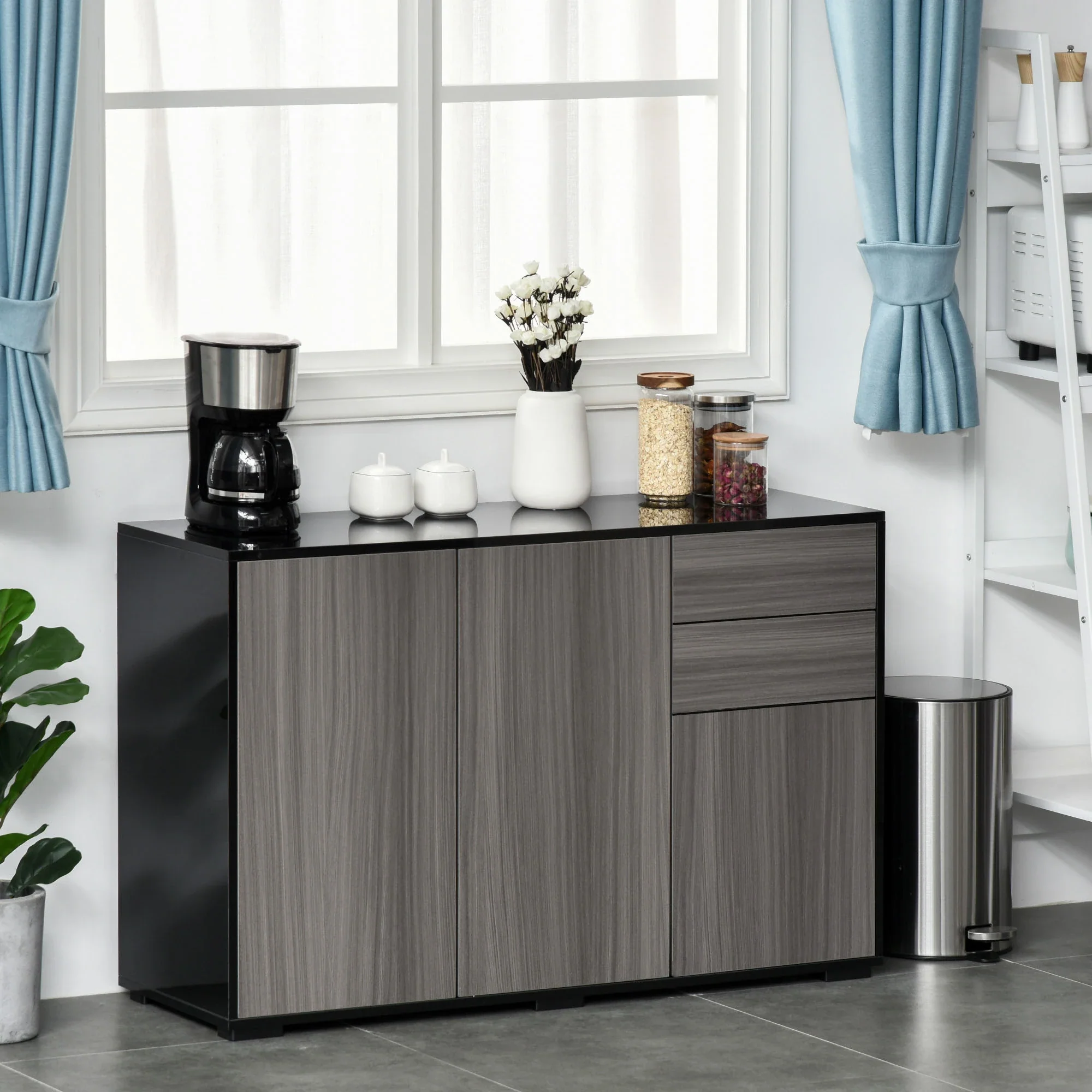 Modern Kitchen Sideboard, Coffee Bar Cabinet with 2 Drawers, Black - Image 2