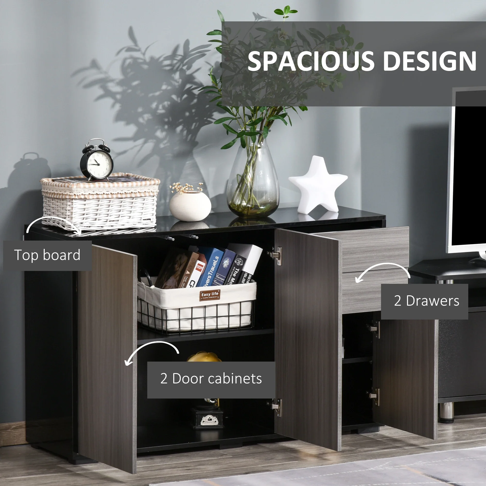Modern Kitchen Sideboard, Coffee Bar Cabinet with 2 Drawers, Black - Image 4