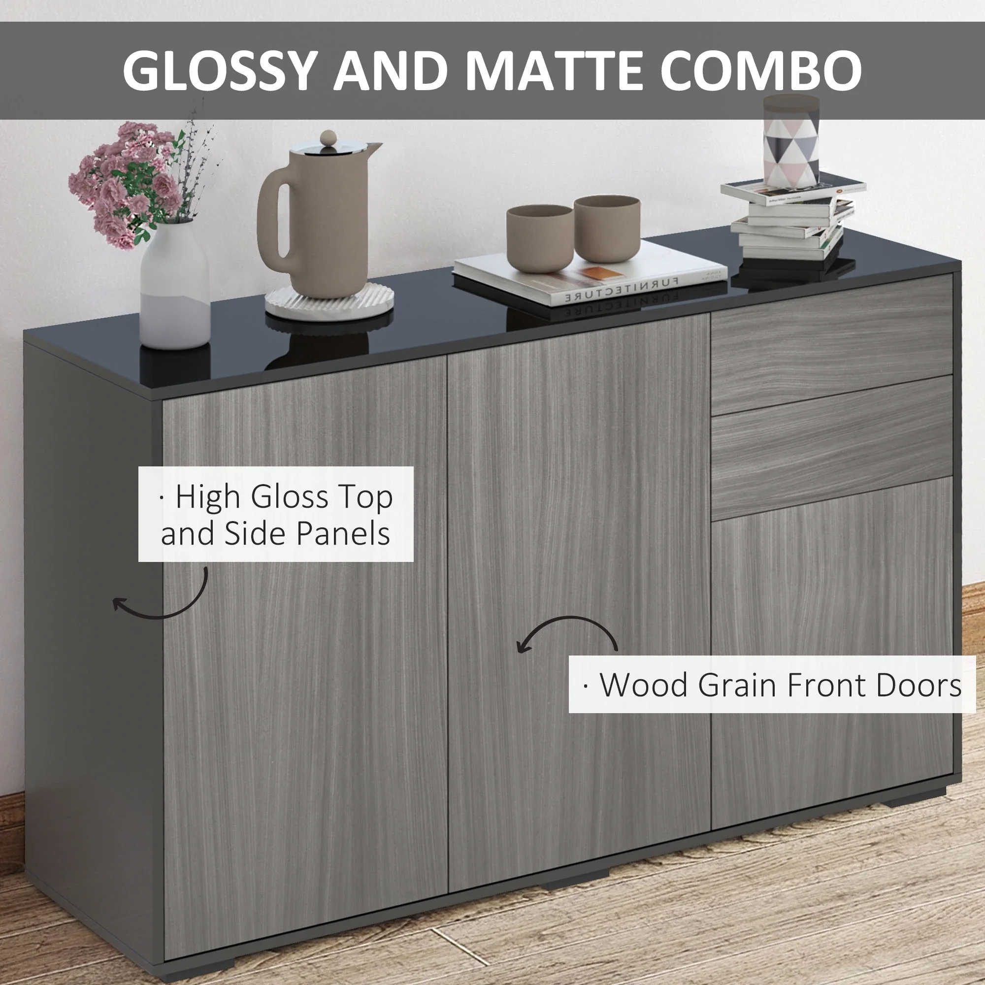 Modern Kitchen Sideboard, Coffee Bar Cabinet with 2 Drawers, Black - Image 5