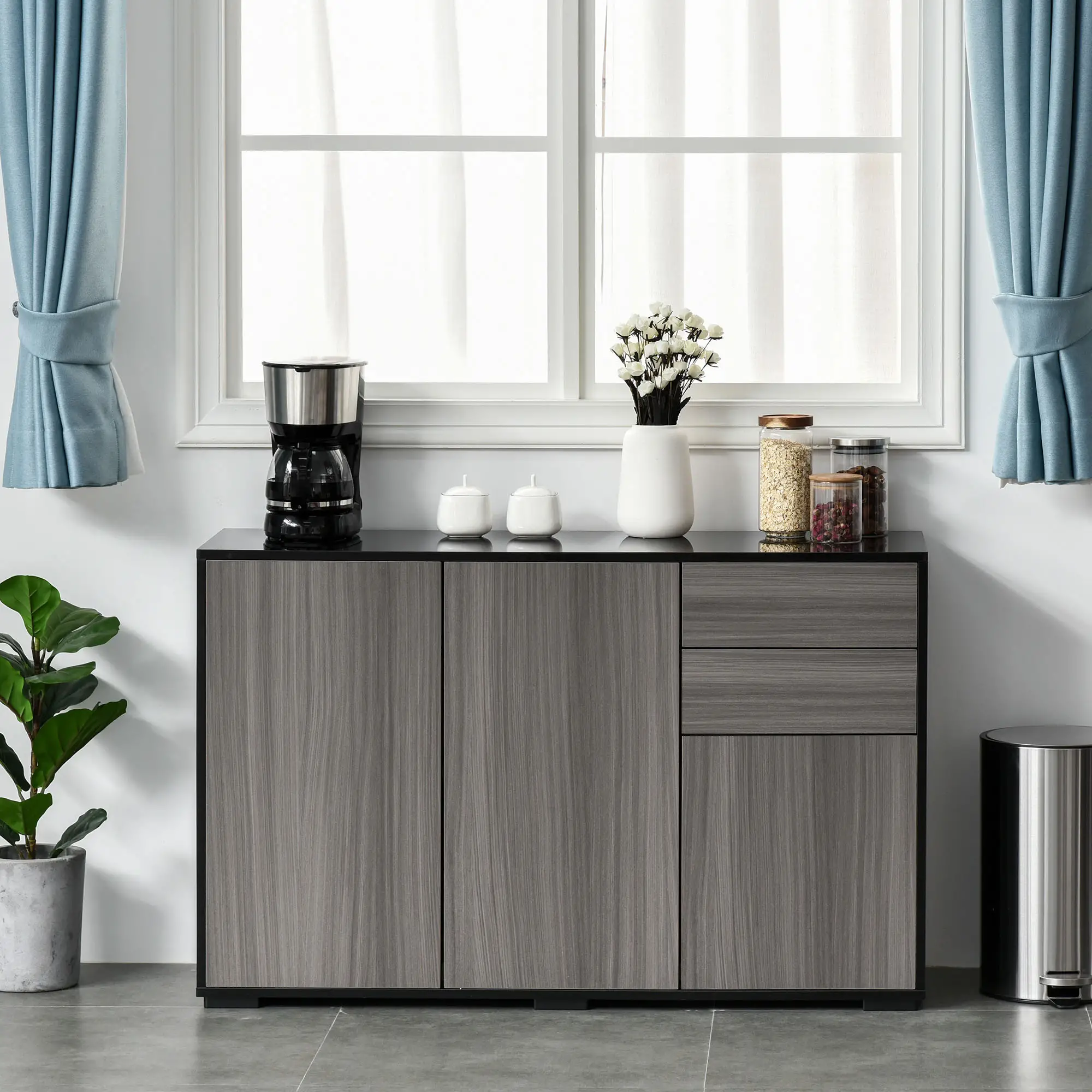 Modern Kitchen Sideboard, Coffee Bar Cabinet with 2 Drawers, Black - Image 8